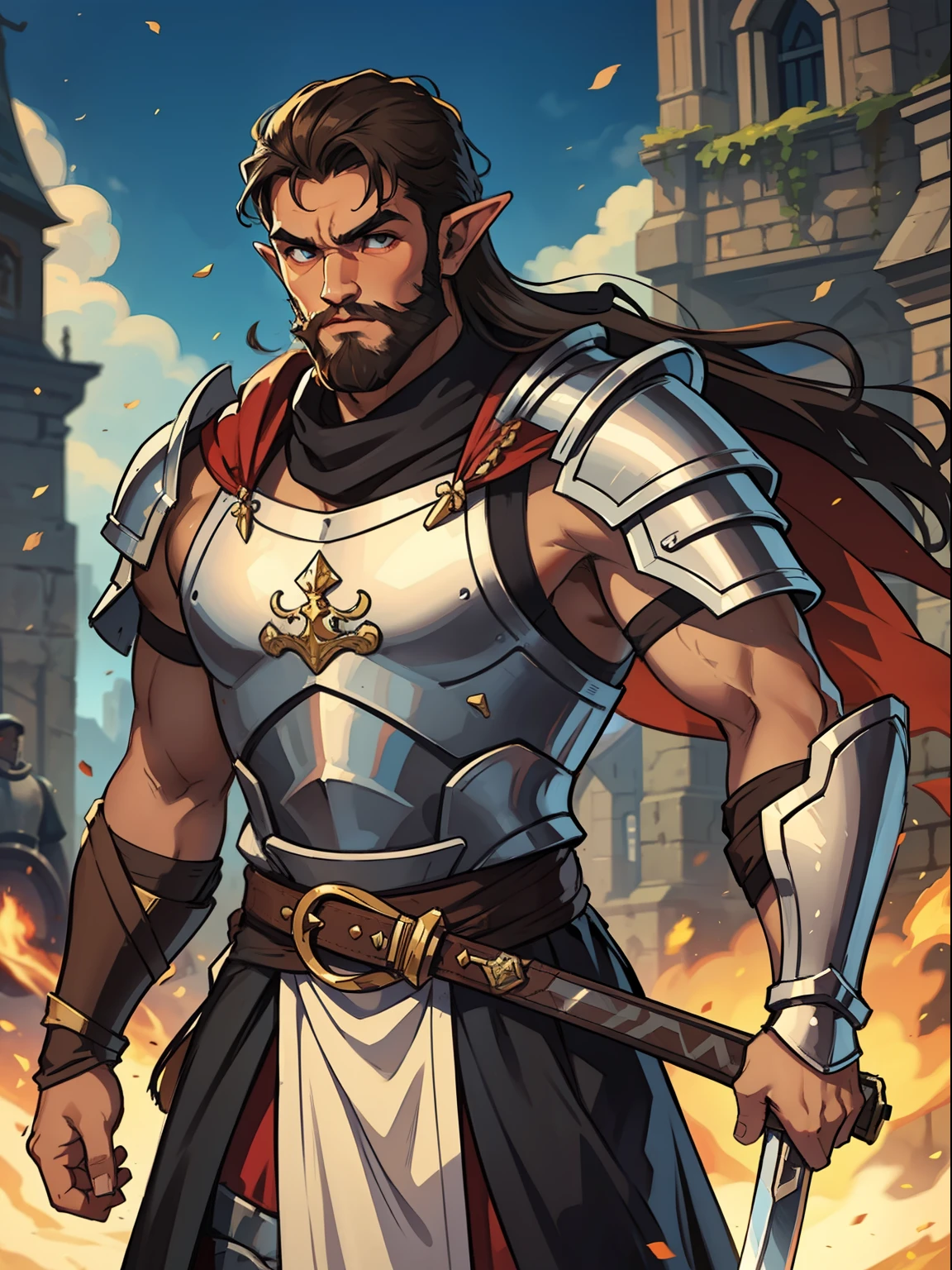A brown-skinned elf man with masculine traits, strong masculinity, well-marked chin and jaw, beard and long, silky hair, he is a paladinal warrior for a medieval role-playing game with an armor and sword.