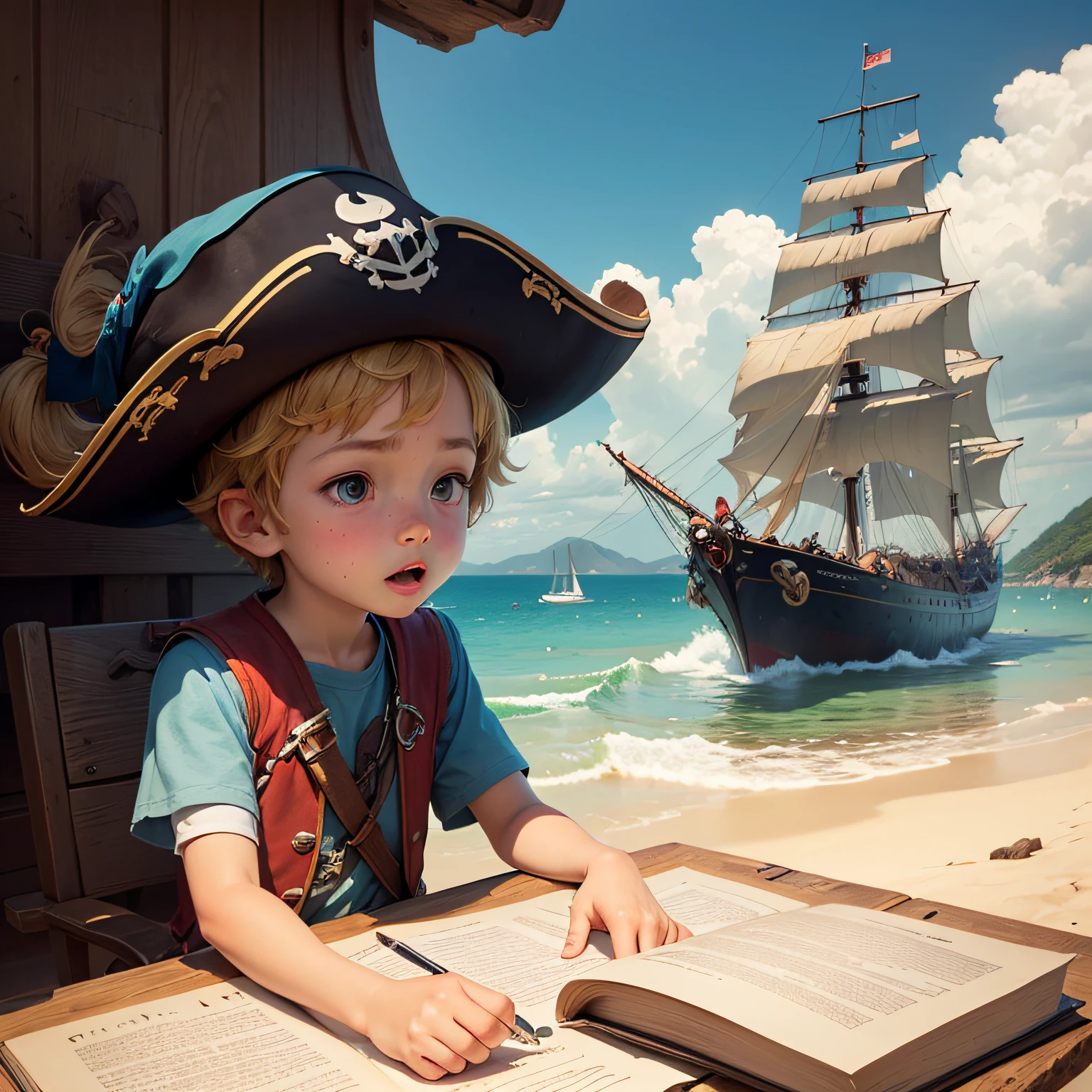 a  named Lucas who dreamed of being a great pirate and sailing the seven seas in search of lost treasures. Lucas had an adventurous spirit and would always imagine exciting stories in his mind. cartoon  style like old book --auto