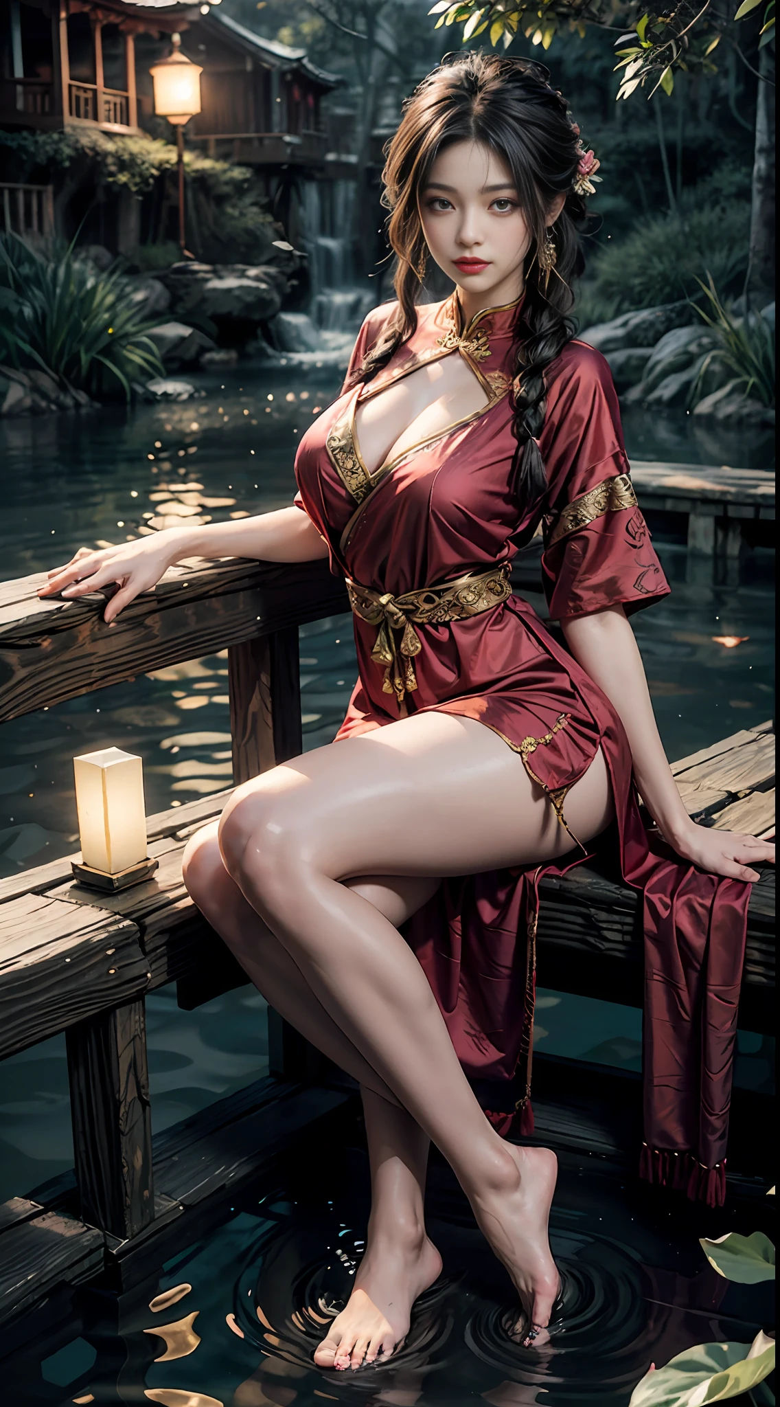 Sitting on a bridge full of river lanterns, feet playing in the water, the art depicts a charming woman dressed in a flowing, silky traditional oriental dress, pink, decorated with intricate patterns and bright colors. Her dress drapes elegantly over her curvy figure, accentuating her seductive silhouette. She sits gracefully by the tranquil lotus lake, her feet playing in the water, bathed in the soft glow of the moonlight. The scene exudes an ethereal and dreamy atmosphere, with a touch of mystery and sexiness. The graphic style blends watercolor and digital illustration techniques to evoke a refined beauty and charm. The lights are filled with soft moonlight, casting soft highlights and shadows on her charming features. Bare thighs, big breasts, three-dimensional facial features, sitting, upturned legs, side braids