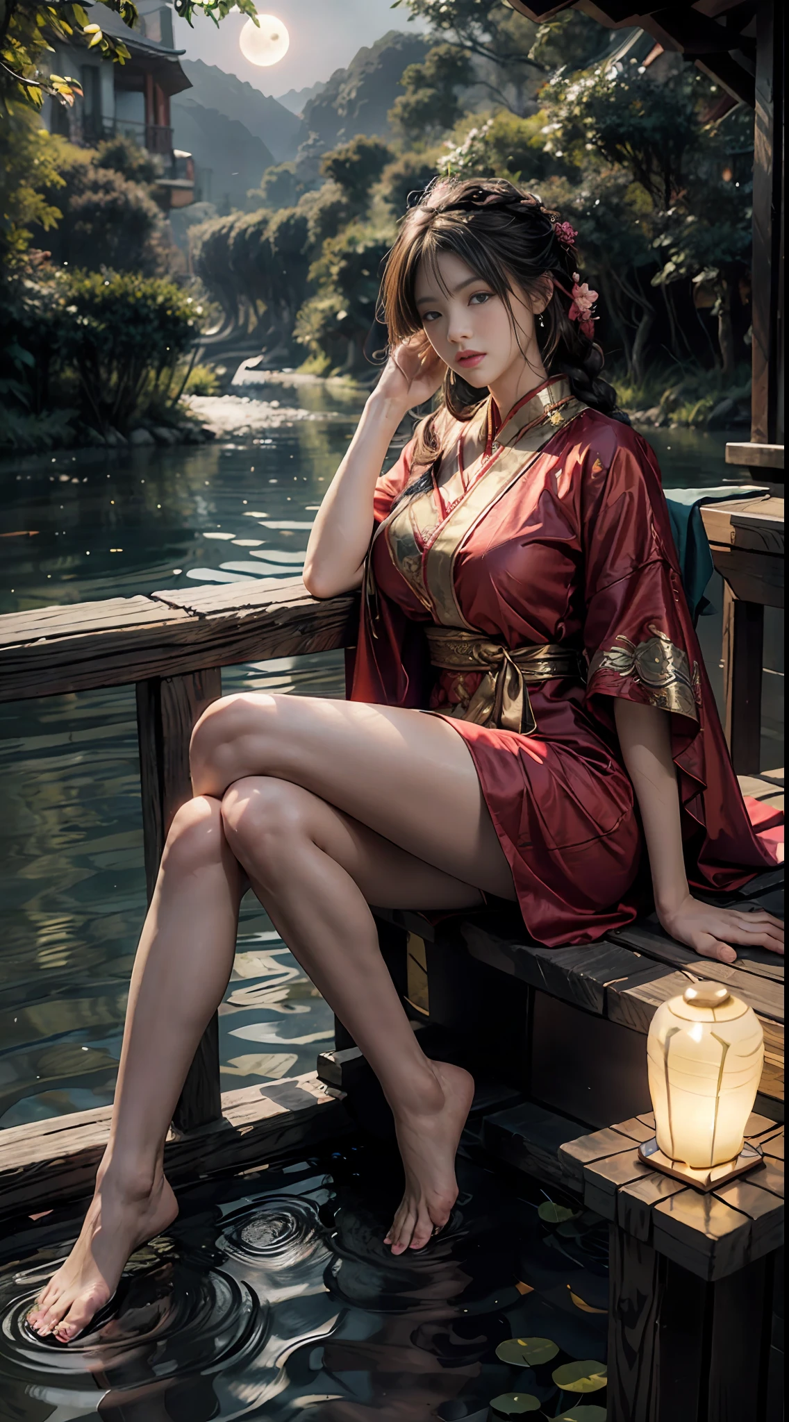 Sitting on a bridge full of river lanterns, feet playing in the water, the art depicts a charming woman dressed in a flowing, silky traditional oriental dress, pink, decorated with intricate patterns and bright colors. Her dress drapes elegantly over her curvy figure, accentuating her seductive silhouette. She sits gracefully by the tranquil lotus lake, her feet playing in the water, bathed in the soft glow of the moonlight. The scene exudes an ethereal and dreamy atmosphere, with a touch of mystery and sexiness. The graphic style blends watercolor and digital illustration techniques to evoke a refined beauty and charm. The lights are filled with soft moonlight, casting soft highlights and shadows on her charming features. Bare thighs, big breasts, three-dimensional facial features, sitting, upturned legs, side braids