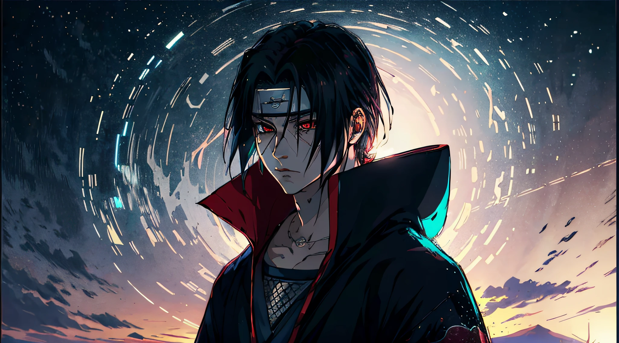 uchiha itachi atravessado um portal, tons suaves, cores calmas, (realista), detalhado, obra-prima, 8k, melhor qualidade, detalhado