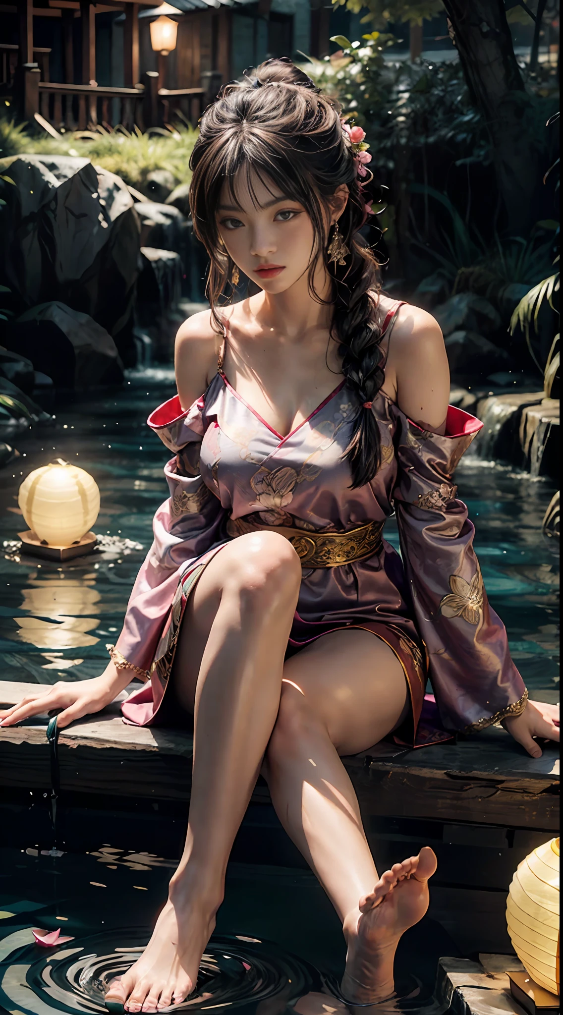 Sitting on a bridge full of river lanterns, feet playing in the water, the art depicts a charming woman dressed in a flowing, silky traditional oriental dress, pink, decorated with intricate patterns and bright colors. Her dress drapes elegantly over her curvy figure, accentuating her seductive silhouette. She sits gracefully by the tranquil lotus lake, her feet playing in the water, bathed in the soft glow of the moonlight. The scene exudes an ethereal and dreamy atmosphere, with a touch of mystery and sexiness. The graphic style blends watercolor and digital illustration techniques to evoke a refined beauty and charm. The lights are filled with soft moonlight, casting soft highlights and shadows on her charming features. Bare thighs, big breasts, three-dimensional facial features, sitting, upturned legs, side braids