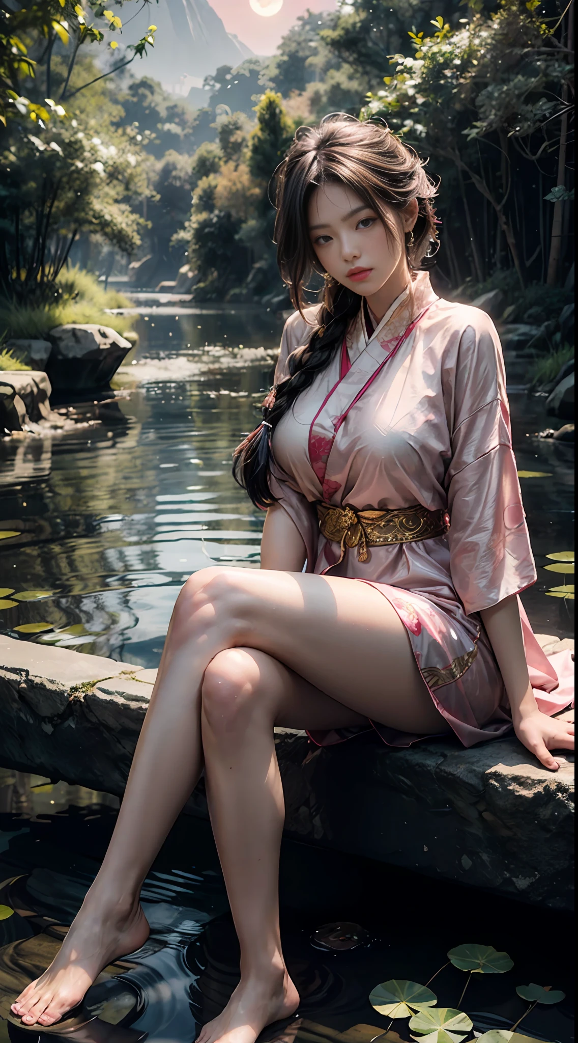 Sitting on a bridge full of river lanterns, feet playing in the water, the art depicts a charming woman dressed in a flowing, silky traditional oriental dress, pink, decorated with intricate patterns and bright colors. Her dress drapes elegantly over her curvy figure, accentuating her seductive silhouette. She sits gracefully by the tranquil lotus lake, her feet playing in the water, bathed in the soft glow of the moonlight. The scene exudes an ethereal and dreamy atmosphere, with a touch of mystery and sexiness. The graphic style blends watercolor and digital illustration techniques to evoke a refined beauty and charm. The lights are filled with soft moonlight, casting soft highlights and shadows on her charming features. Bare thighs, big breasts, three-dimensional facial features, sitting, upturned legs, side braids