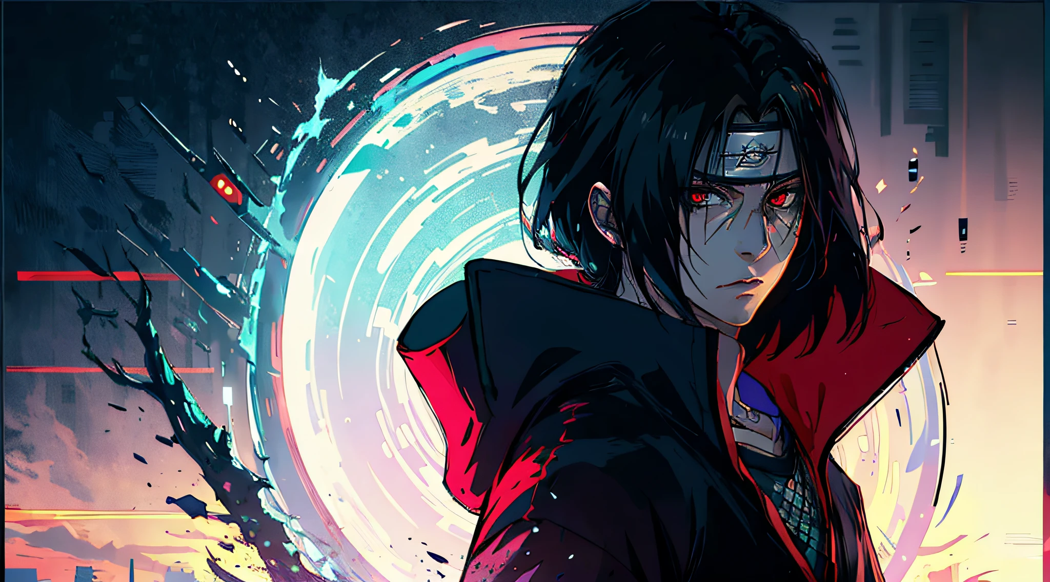 uchiha itachi atravessado um portal, tons suaves, cores calmas, (realista), detalhado, obra-prima, 8k, melhor qualidade, detalhado