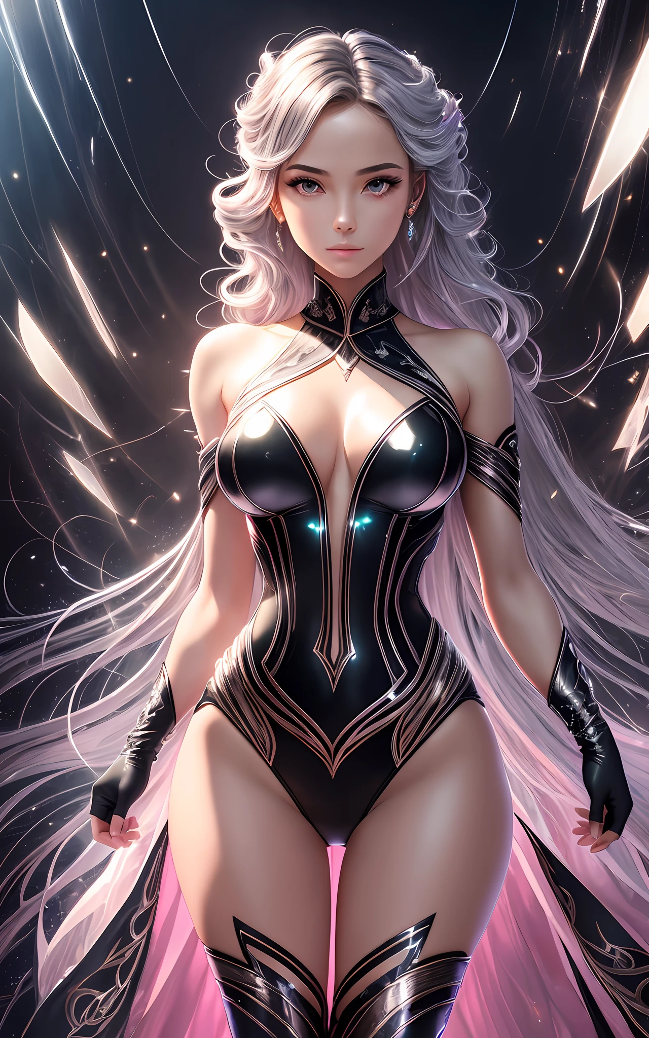 award winning 64k concept art of (black 1girl:1.2) in light pink majestic open dress standing bravely, turned head to the side, posing, epic, god rays, centered, upper body, (masterpiece:1.2), (best quality:1.2), Amazing, highly detailed, beautiful, finely detailed, warm soft color grading, Depth of field, extremely detailed 64k, fine art, stunning, iridescent, shiny, (light reflections:1.2), (crisp:1.5), silver curls, storm, vibrant, sunlit, (edge detection:1.2), absurdres, impressive, 120mm, outlining, wide thighs, mirrors, luminous, mirrors in the background, glittering, reflections,