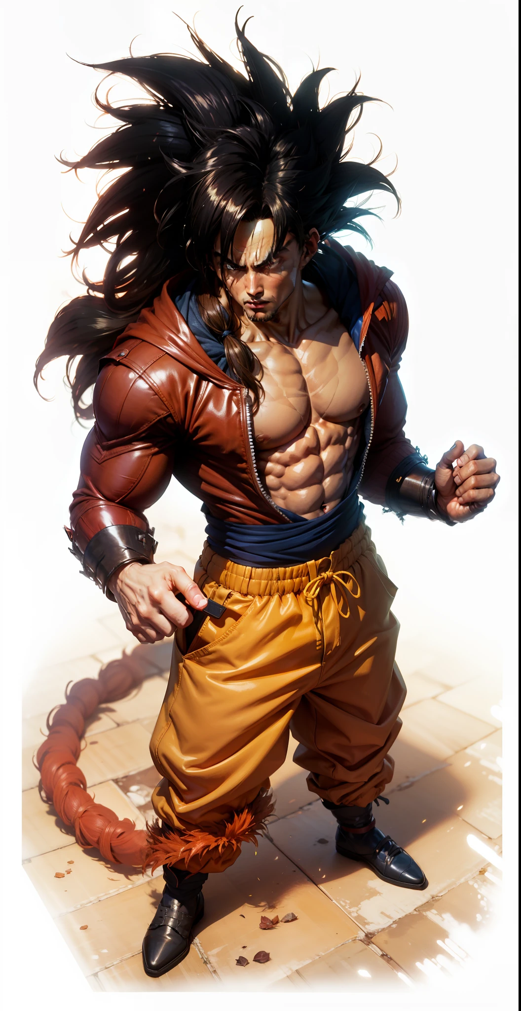 Goku super saiyajin 4, rosto perfeito, olhar penetrante, cauda, baggy yellow pants, músculoso, defined abdomen, peitoral avantajado, perfect hands with four fingers and a thumb, unreal engine 5, 8k.