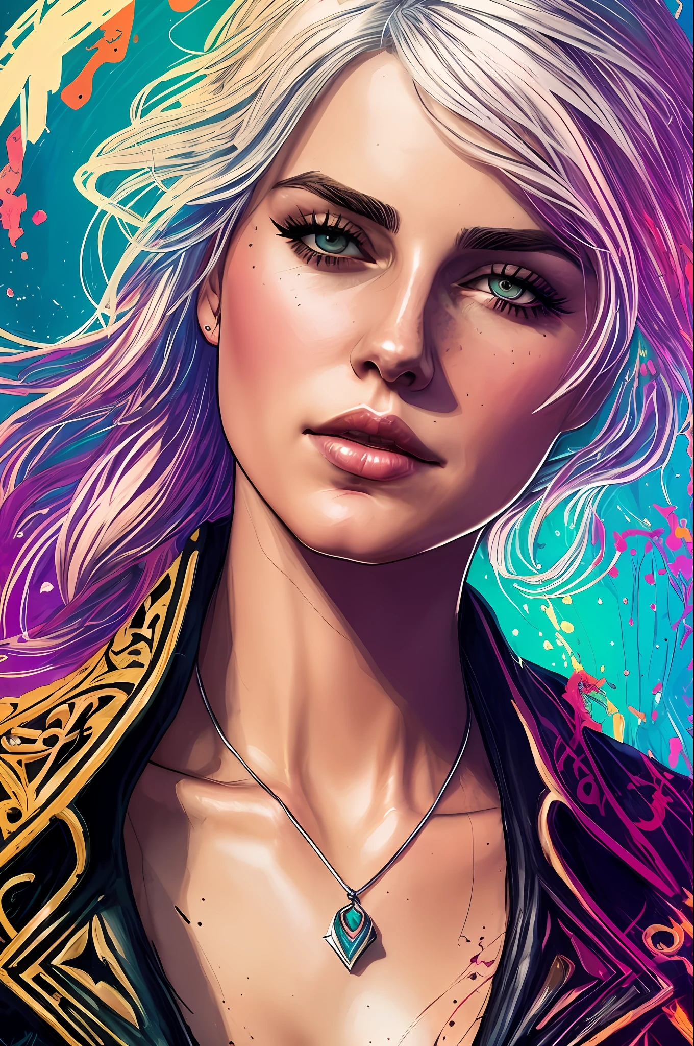 Ciri from Witcher 3 as sks woman, highly detailed, intricate, vibrant colors, cinematic, 8k, illustration, by Carne Griffiths and Conrad Roset,