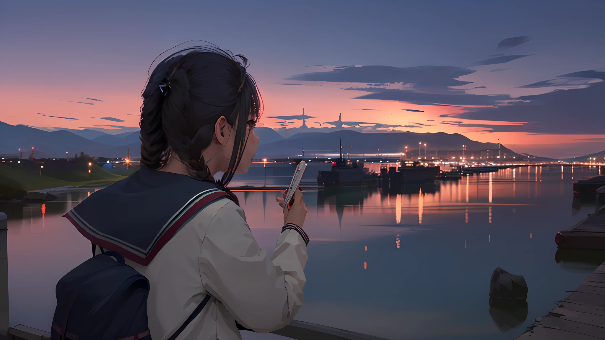 (((1girl, solo))), serafuku, school uniform, scenery, city, twilight, anime frame
