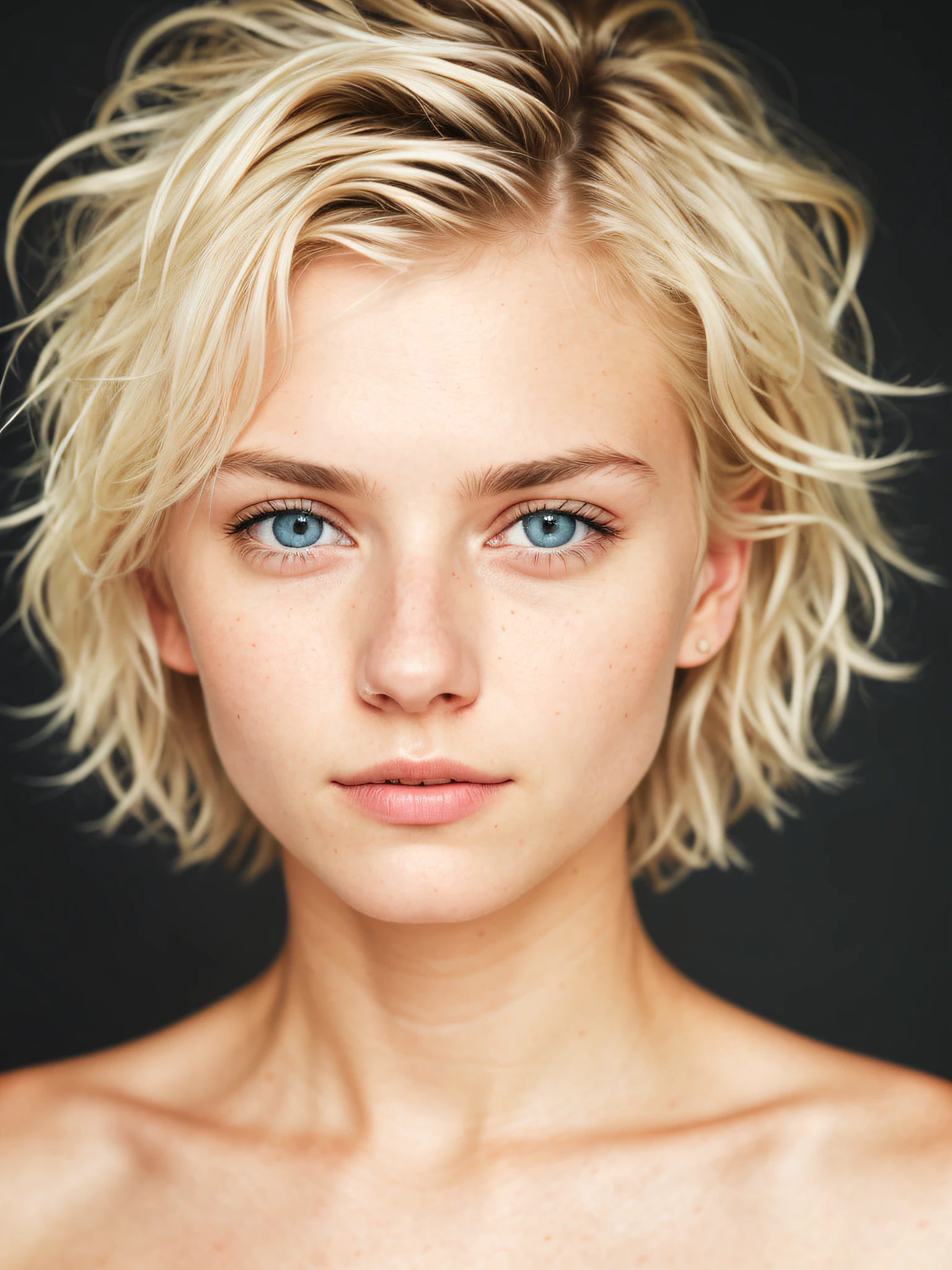 medium close-up photo, attractive and stunning blonde girl(short and messy hair) Nordic 18 years old, detailed (detailed bright eyes, thin nose, (looking at camera), specular lighting, dslr, ultra quality, sharp focus, sharp, dof, film grain, centered, Fujifilm XT3, crystalline