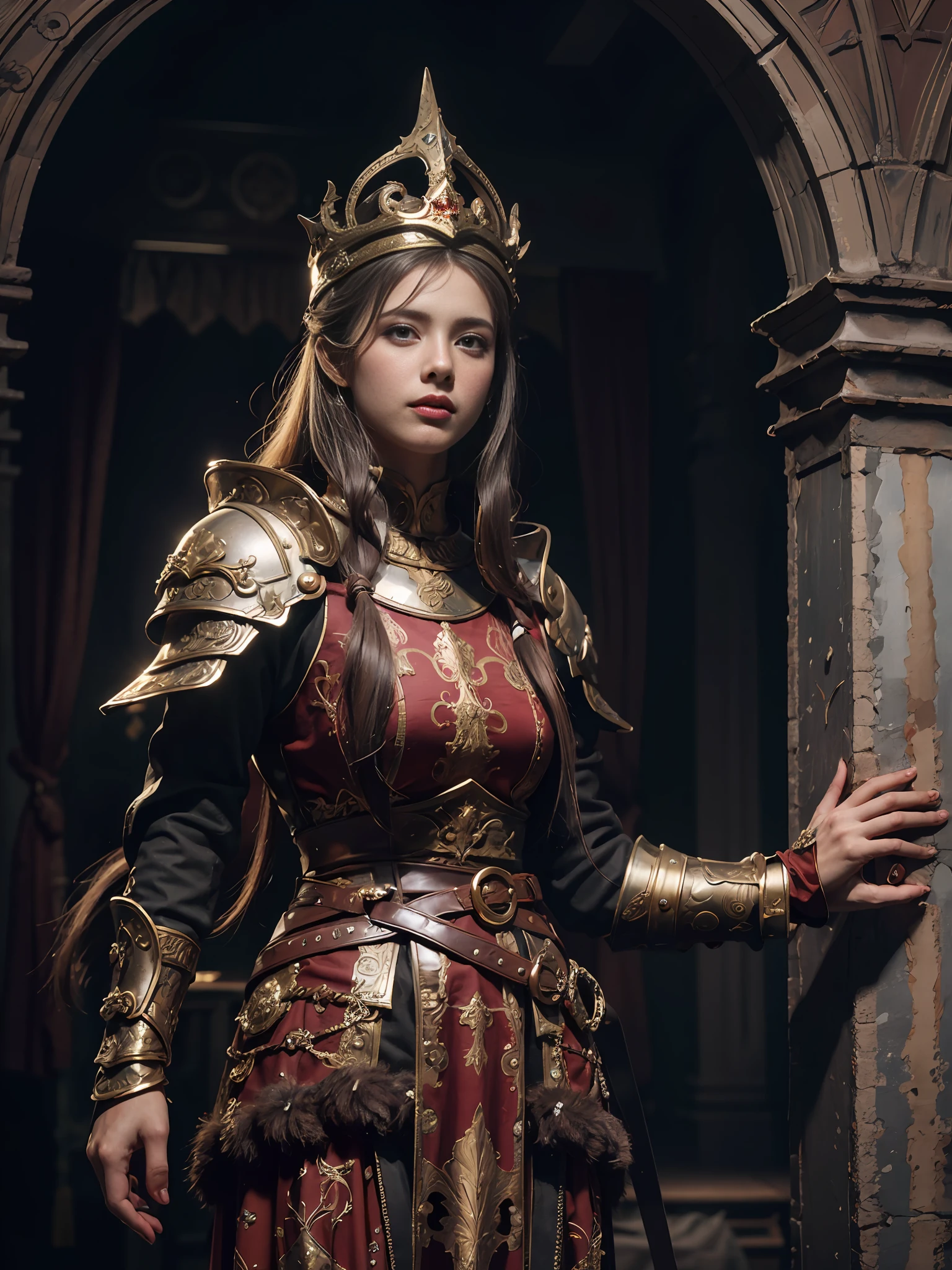 1mulher, solo, Female Viking warrior with helmet and red cape, longos cabelos pretos, zangada, extremely beautiful young woman, hora prateado, fotorrealista, alto contraste, 8k HD, detalhado, hiper-detalhado, textura de pele realista, cabelo loiro, melhor qualidade, ultra alta res, foto crua, dramatic illumination, motor irreal, brilho difuso intrincado eaba prateado, capa preta, campo de batalha, Standing