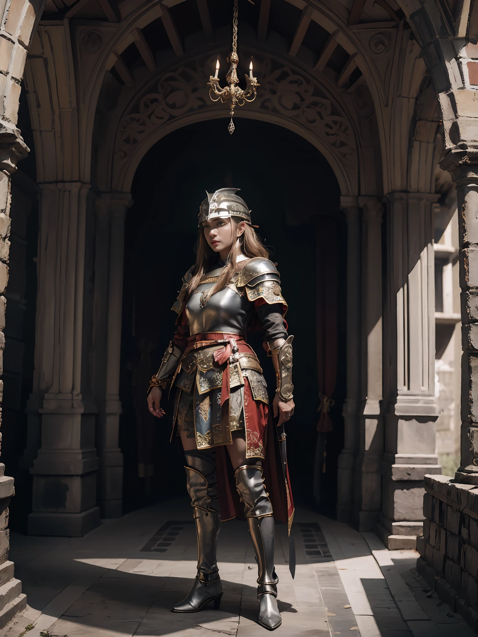 1mulher, solo, Female Viking warrior with helmet and red cape, longos cabelos pretos, zangada, extremely beautiful young woman, hora prateado, fotorrealista, alto contraste, 8k HD, detalhado, hiper-detalhado, textura de pele realista, cabelo loiro, melhor qualidade, ultra alta res, foto crua, dramatic illumination, motor irreal, brilho difuso intrincado eaba prateado, capa preta, campo de batalha, Standing