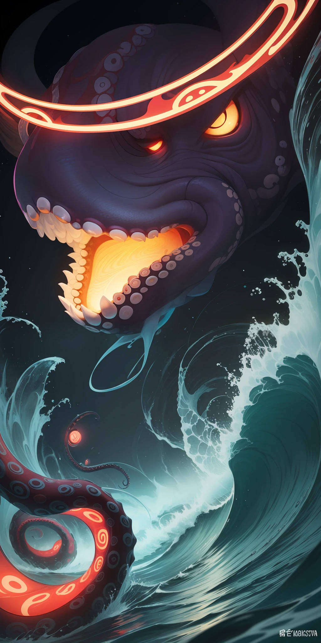 Close up Revstyle 3 Octopus, Estilo Katsushika Hokusai, cor neon