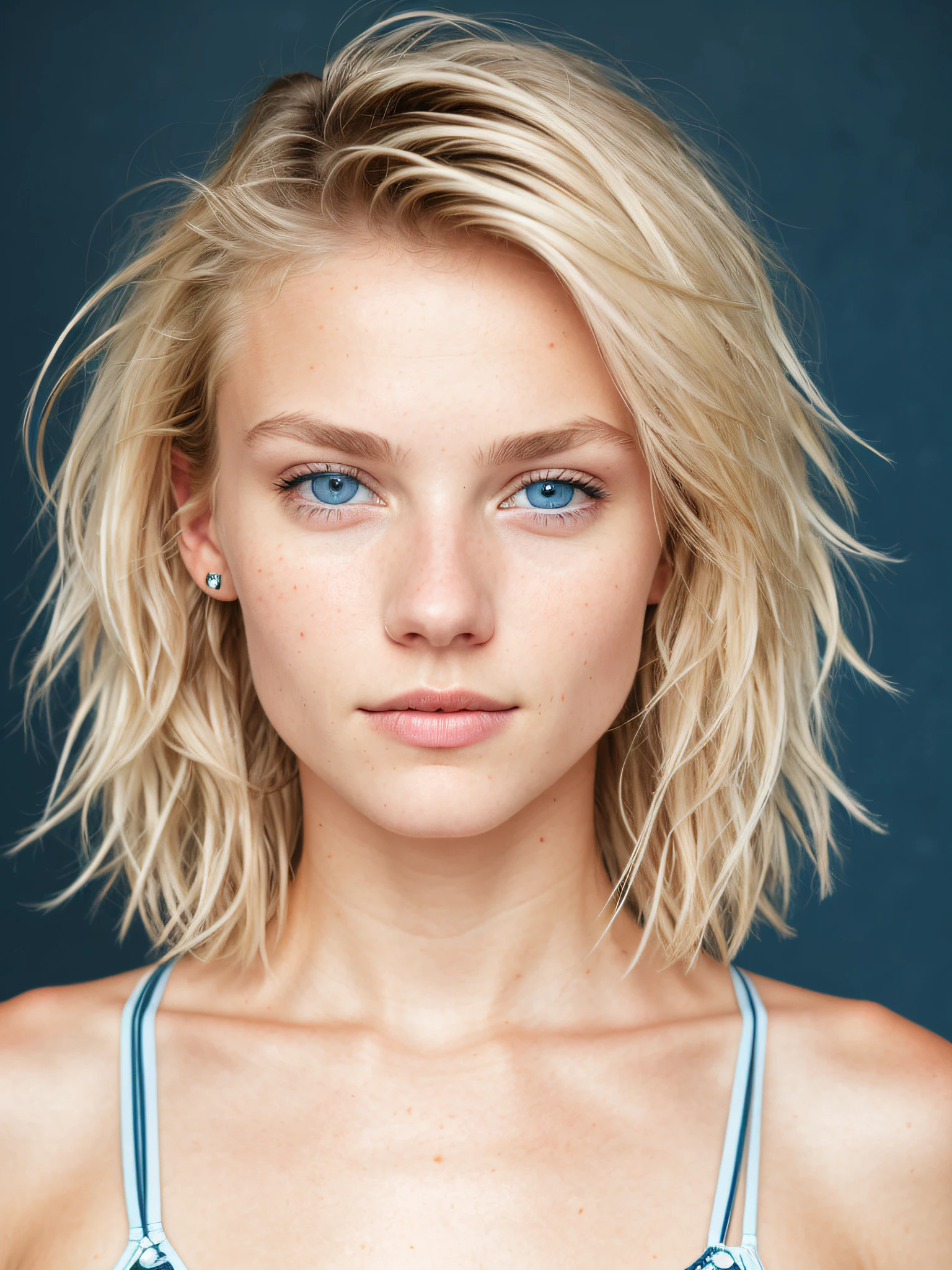 Medium close-up photo, attractive and stunning blonde girl (short and messy hair) Nordic 18 years old, detailed (blue eyes, bright, detailed, thin nose, (looking at the camera), specular lighting, dslr, ultra quality, sharp focus, sharp, dof, film grain, centered, Fujifilm XT3, crystalline