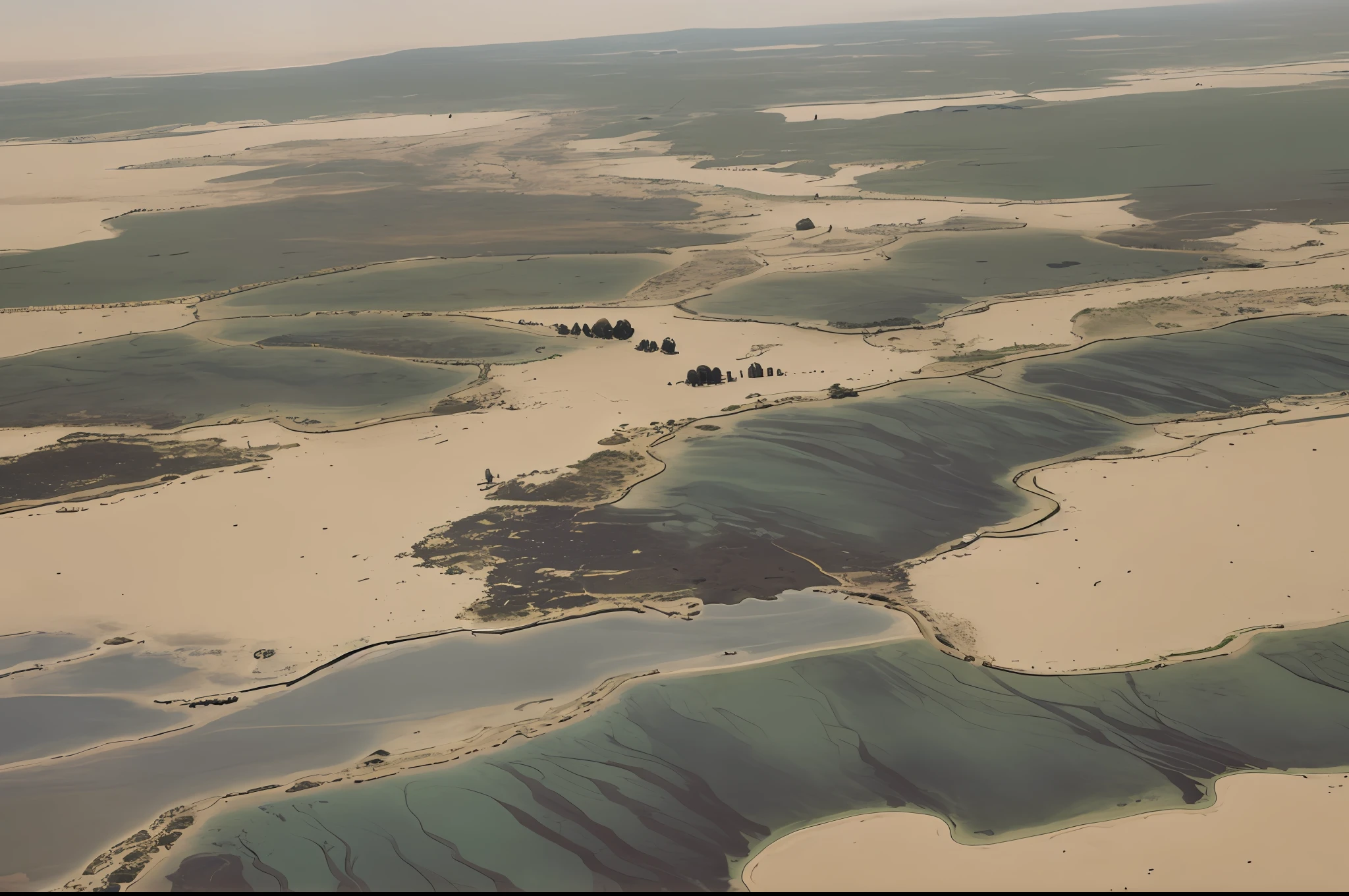 there are many different types of water in the water, river delta, Rural villages, aerial view of an ancient land, graafland, vast landscape, vast expansive landscape, amazing alien landscape, an alien landscape, landscape of flat wastelands, landscape wide shot, photo of green river, salt flats with scattered ruins, stunning alien landscape, aerial shot, gigantic landscape!