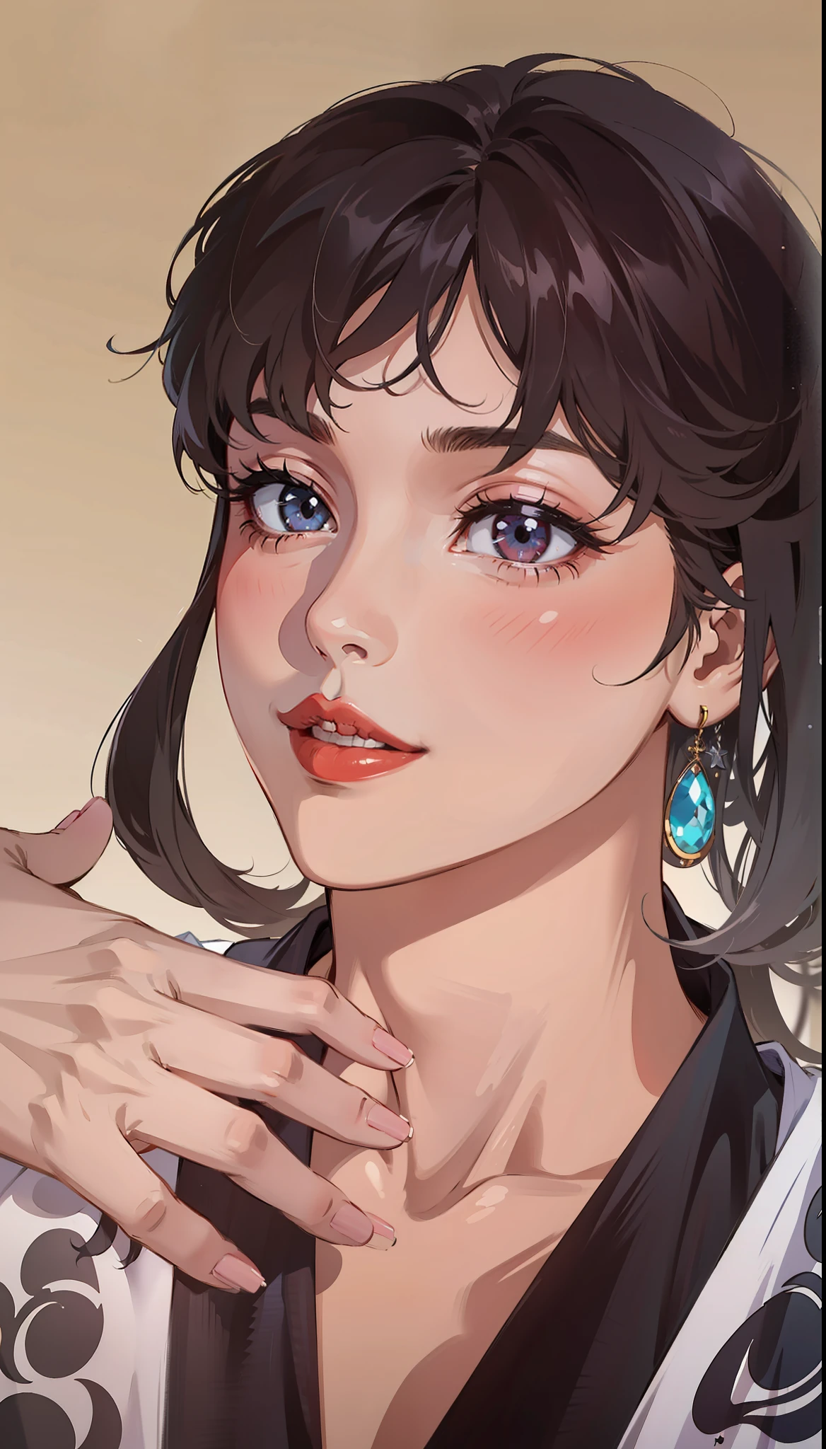 (masterpiece),(best quality:1.0), (ultra highres:1.0), detailed illustration, 8k, anime, 1girl, beautiful anime girl, wearing a black t-shirt, intricate details, black eyes, detailed eyes, black hair, detailed hair detailed, highlights on hair, slight smile, red lips, red lipstick, pretty lips, anime style, best quality, detailed
