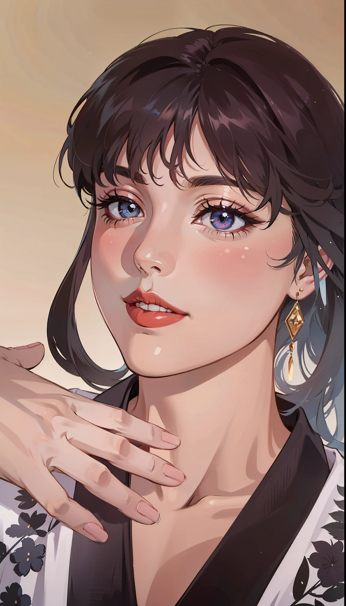 (masterpiece),(best quality:1.0), (ultra highres:1.0), detailed illustration, 8k, anime, 1girl, beautiful anime girl, wearing a black t-shirt, intricate details, black eyes, detailed eyes, black hair, detailed hair detailed, highlights on hair, slight smile, red lips, red lipstick, pretty lips, anime style, best quality, detailed