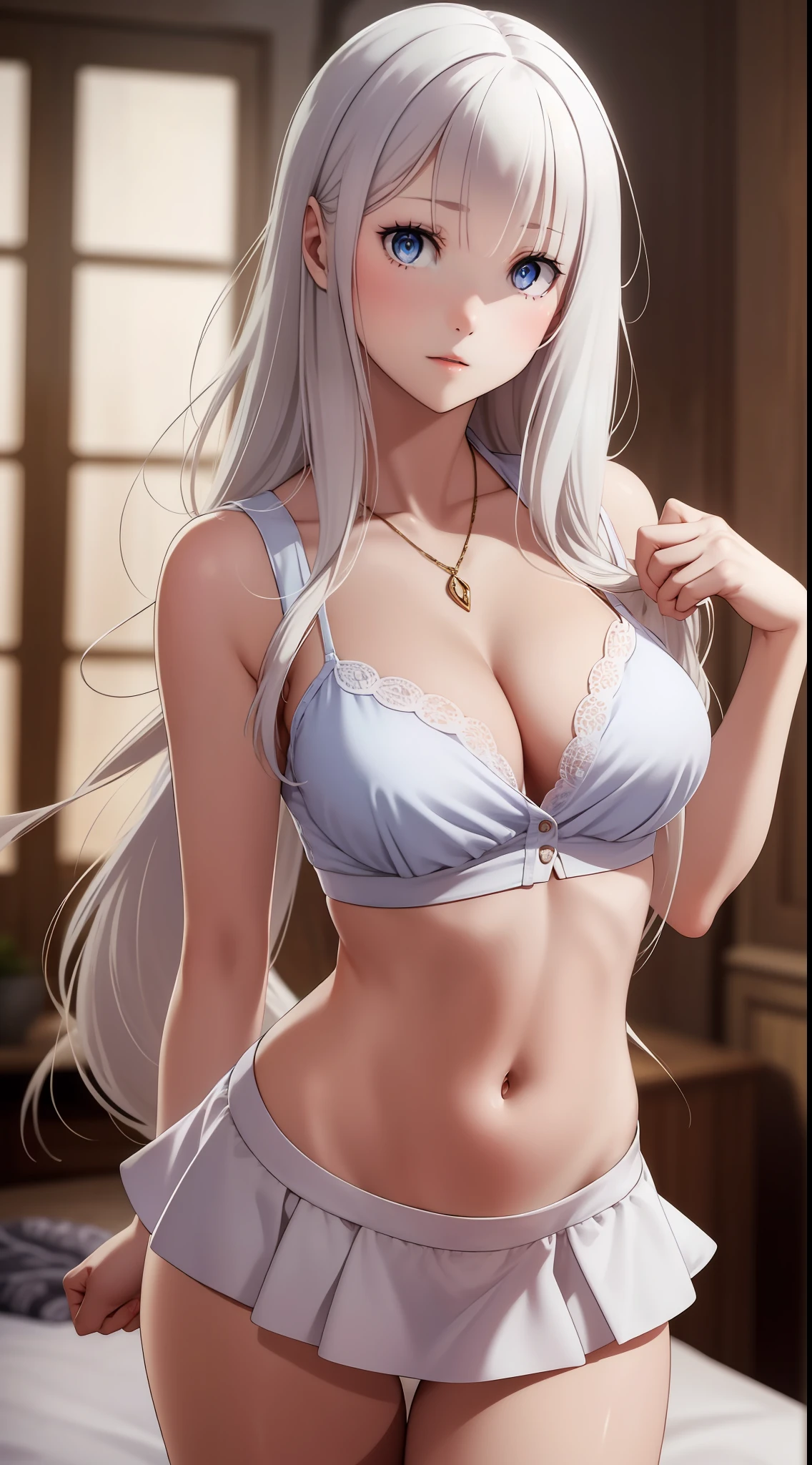 White hair, short skirt, cleavage, medium breast, navel, long hair, slim legs, emilia, beautiful eyes, sunny day, bedroom