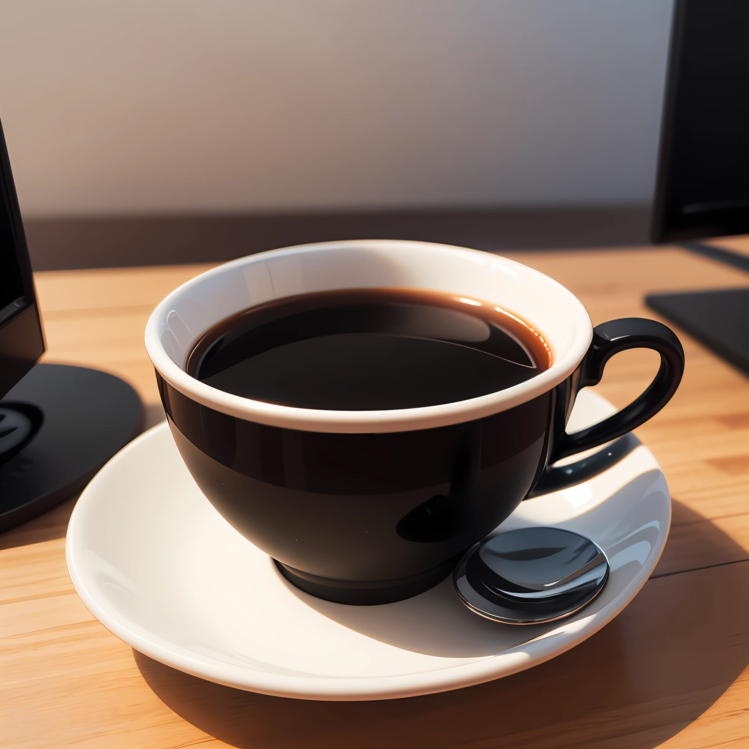 Assemble a picture of a cup of black coffee, com a escrita "DOM 3D Studio" impressa na caneca. In the background should have an office room with neutral tones and blurry. --auto