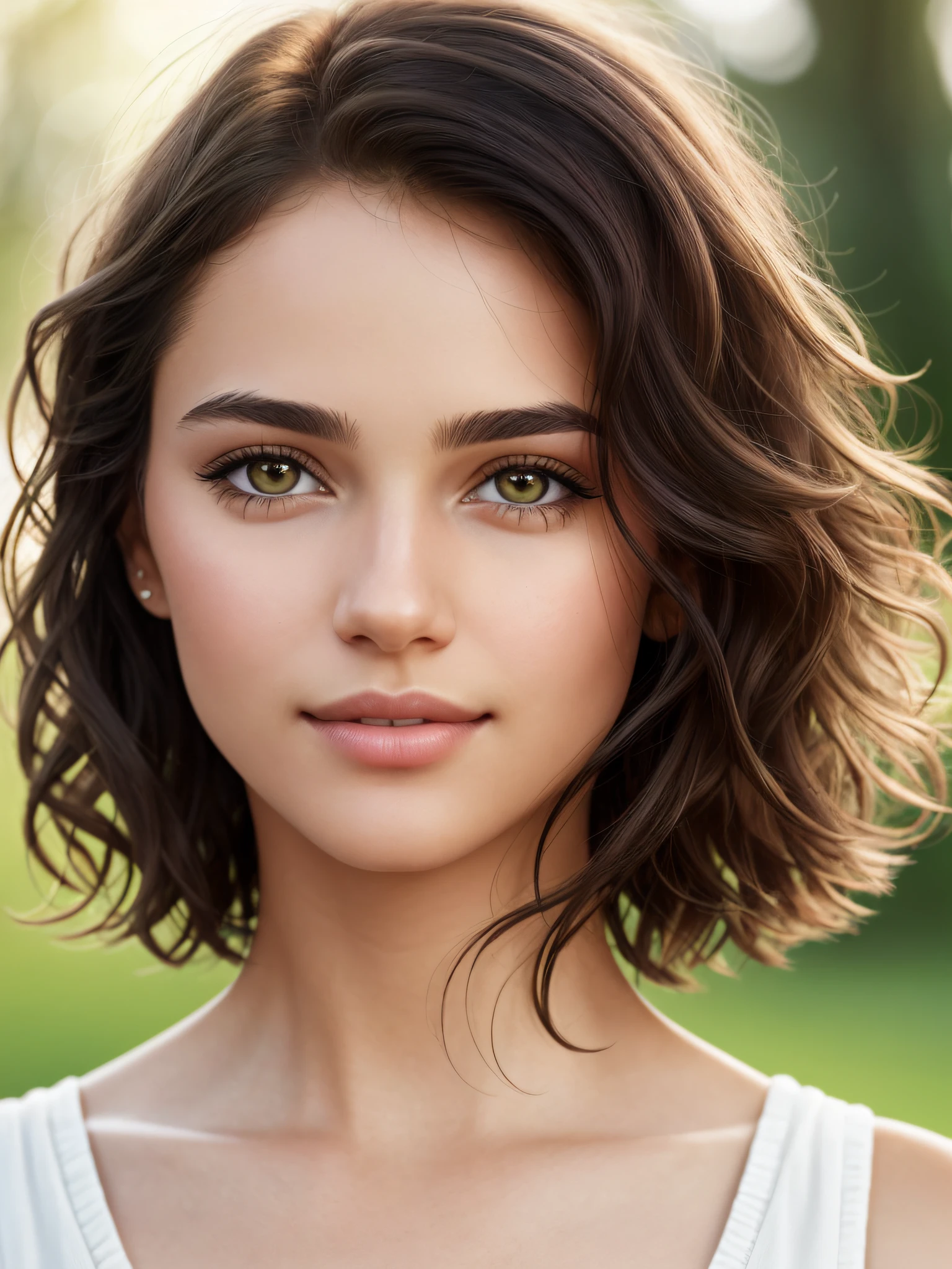 (close-up) on the face, (short and messy hair), depth of field, bokeh, 4K, HDR. by (James C. Christensen:1.2|), [healthy skin tone], [narrow shoulders], (photorealistic) with positioning (symmetrical) and a pupil (perfectly round, naturally dilated)], [semi-transparent layers], (delicate black eyeliner), [black mascara], accentuate the eyes, [delicate smile], (natural skin texture) of the face with (skin pores), (realistic skin color gradient), realistic, (best quality:1.3), lush lips,  Submissive