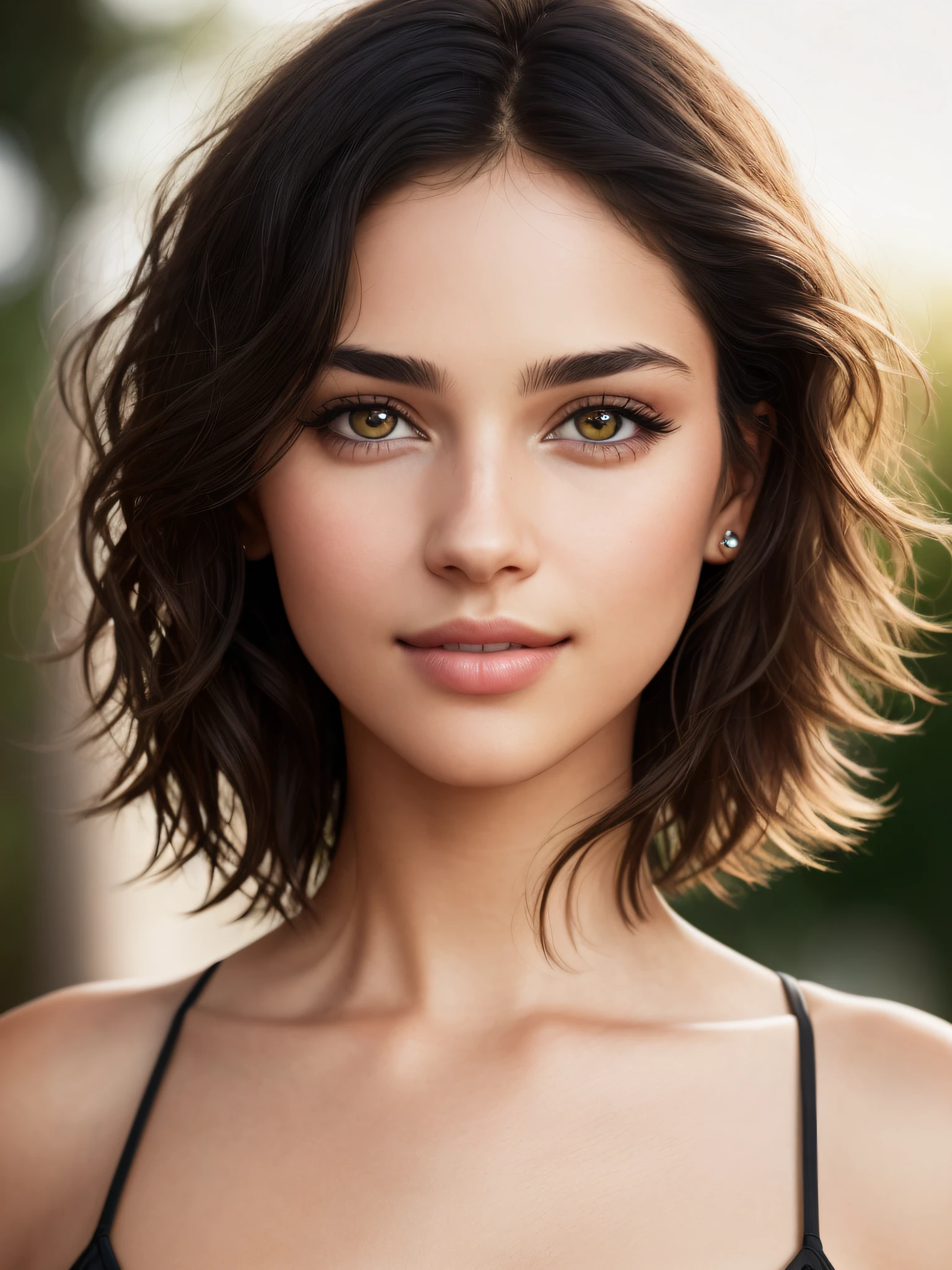 (close-up) on the face, (short and messy hair), depth of field, bokeh, 4K, HDR. by (James C. Christensen:1.2|), [healthy skin tone], [narrow shoulders], (photorealistic) with positioning (symmetrical) and a pupil (perfectly round, naturally dilated)], [semi-transparent layers], (delicate black eyeliner), [black mascara], accentuate the eyes, [delicate smile], (natural skin texture) of the face with (skin pores), (realistic skin color gradient), realistic, (best quality:1.3), lush lips,  Submissive