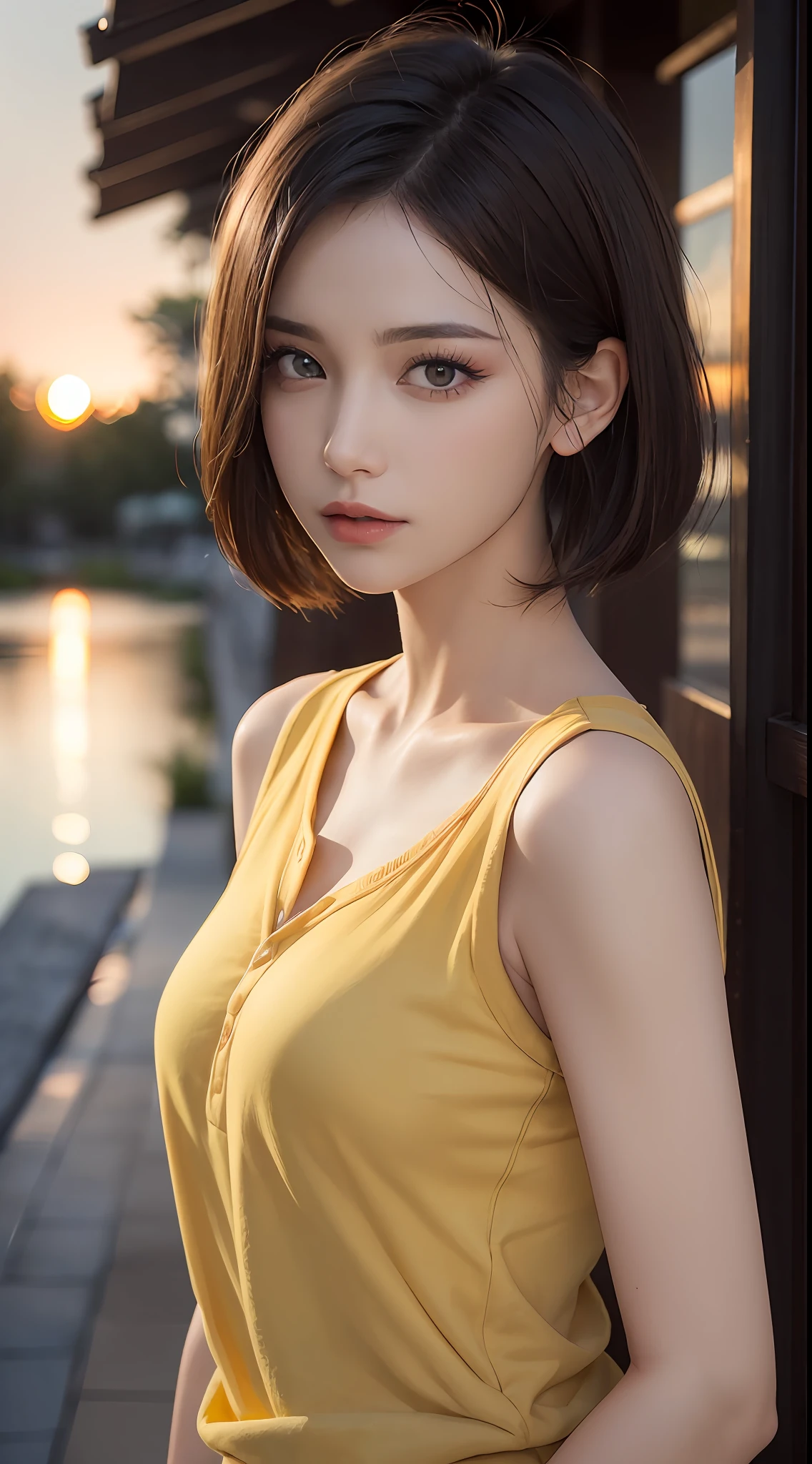 (RAW photo, high resolution, best quality, masterpiece:1.3), (realistic detailed, hyperrealistic, photorealistic: 1.2), shot by Canon EOS R6, Sharp focus, f/1.8, portrait, 1girl, very delicate and beautiful, beautiful detailed girl, very detailed eyes and face, triangular face, beautiful detailed eyes, (slender figure, thin waist), ((yellow pastel henley shirt)), natural makeup, shiny lips, swept side stylish short hair, perfect style, (outdoor, dramatic lighting, rim lighting, lake, sunset ambient), cg, ultra-realistic, highest quality, super detailed