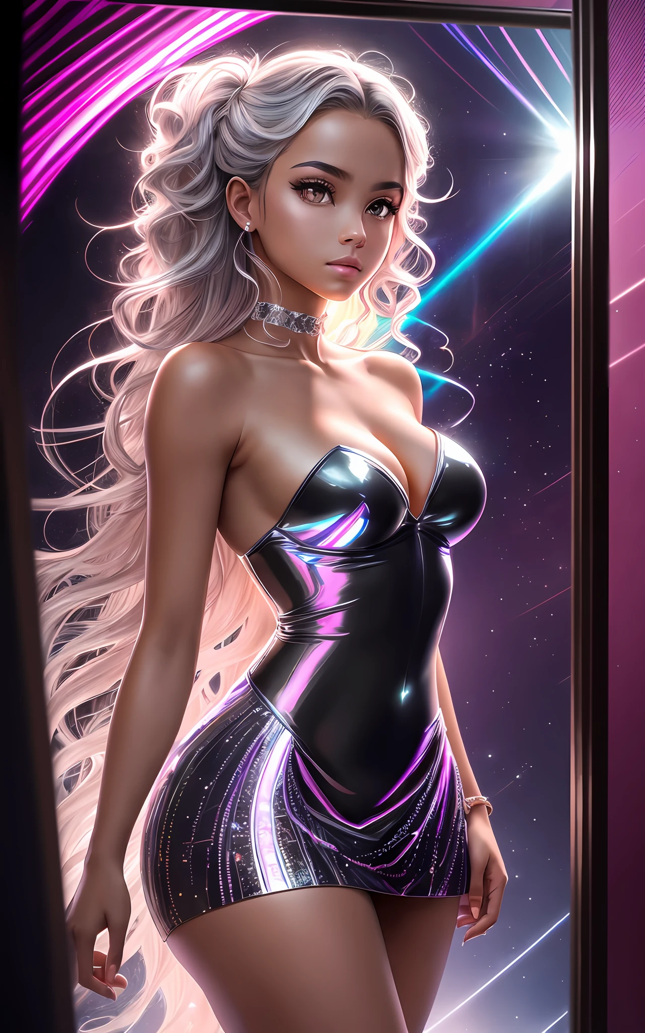 award winning 64k concept art of (black 1girl:1.2) in light pink majestic open dress standing bravely, turned head to the side, posing, epic, god rays, centered, upper body, (masterpiece:1.2), (best quality:1.2), Amazing, highly detailed, beautiful, finely detailed, warm soft color grading, Depth of field, extremely detailed 64k, fine art, stunning, iridescent, shiny, (light reflections:1.2), (crisp:1.5), silver curls, storm, vibrant, sunlit, (edge detection:1.2), absurdres, impressive, 120mm, outlining, wide thighs, mirrors, luminous, mirrors in the background, glittering, reflections, lights