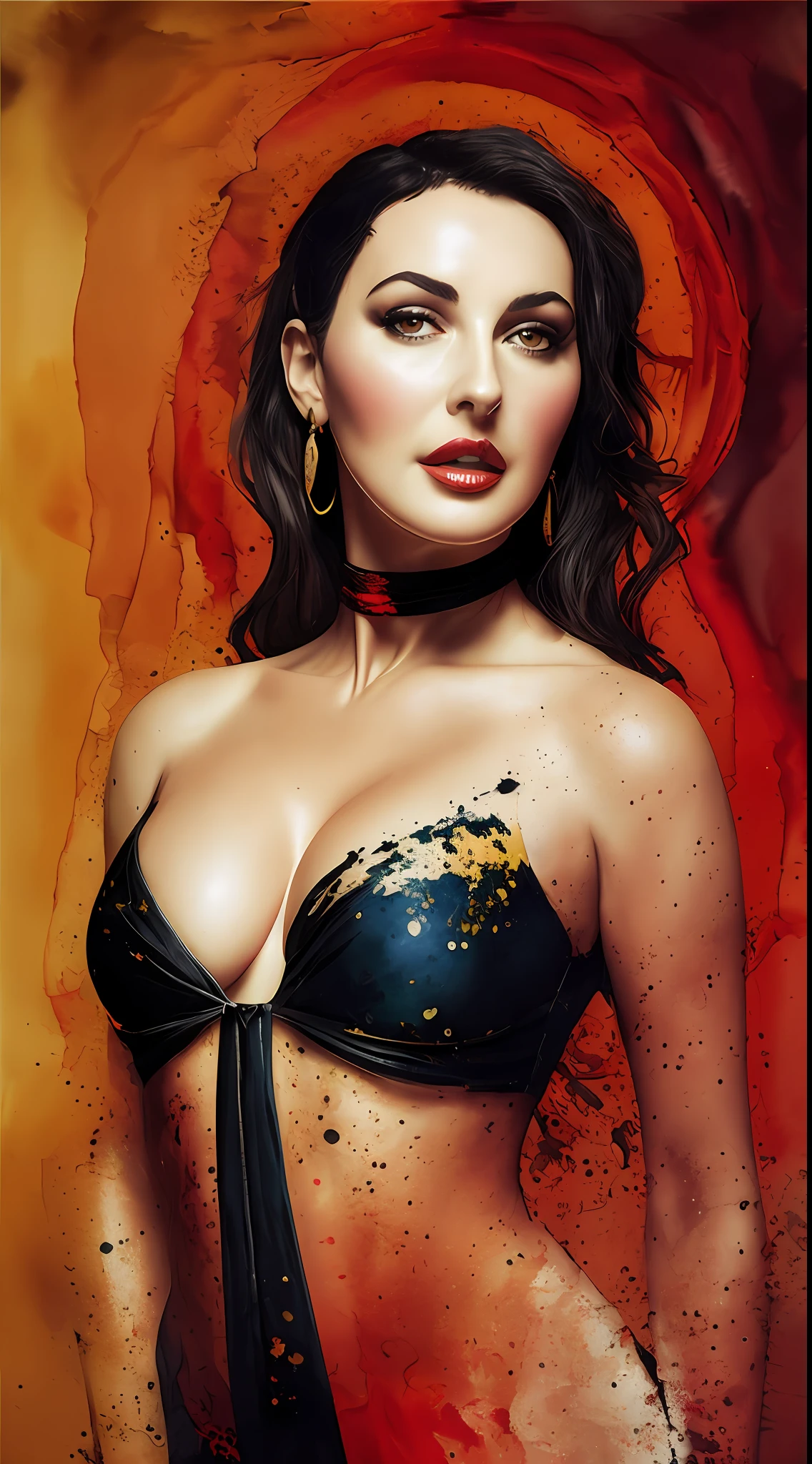 (Monica Bellucci), Beautiful vampire, bared fangs, blood-covered river as background, watercolor style smear, art, dramatic lighting, David Lynch's image style, abstract expressionism, metaphysics, expressionism, golden ratio,details aesthetic octane render excellent composition natural textures 8k oil paining masterpiece canon eos r4s 50