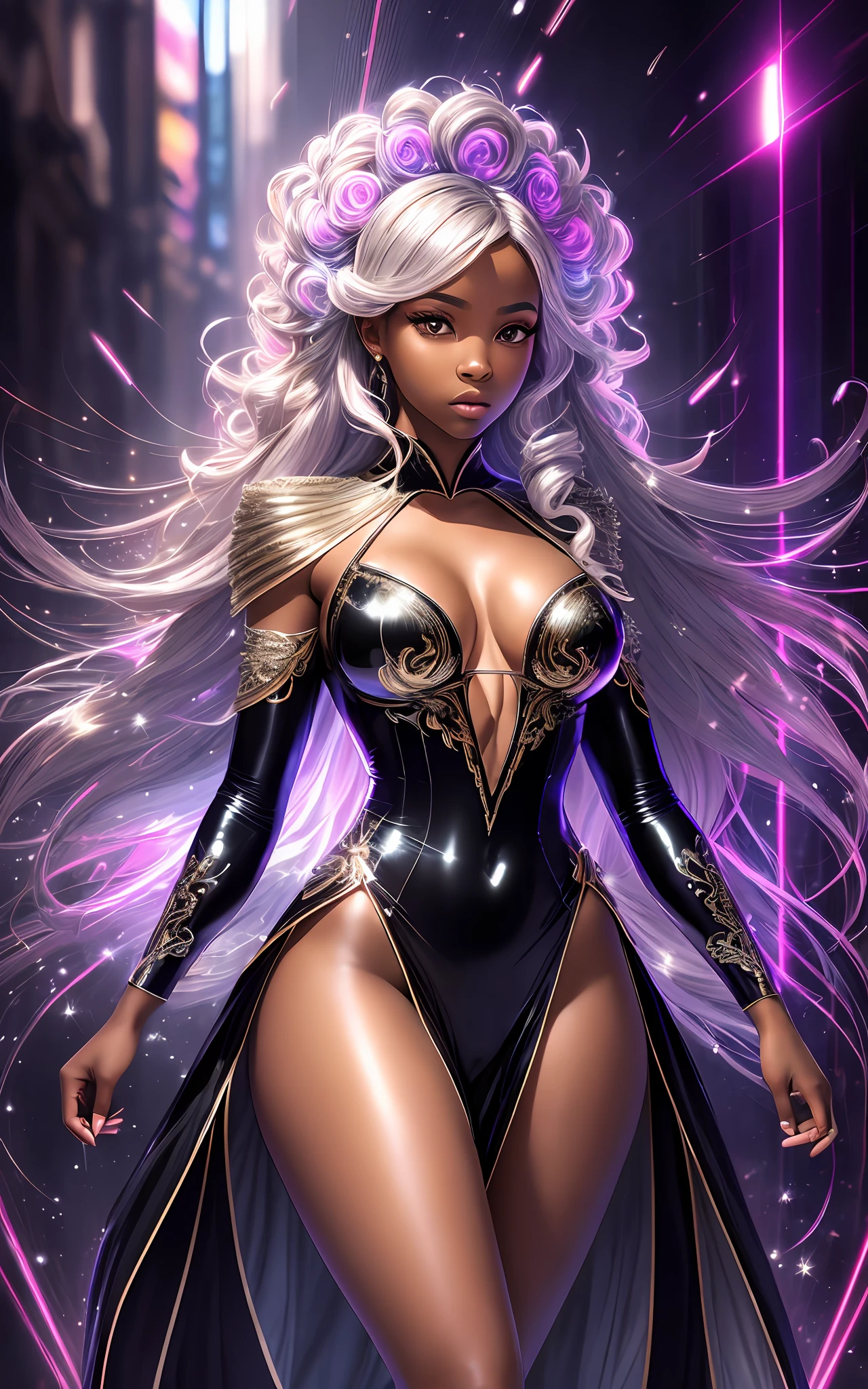 award winning 64k concept art of (black 1girl:1.2) in light pink majestic open dress standing bravely, turned head to the side, posing, epic, god rays, centered, upper body, (masterpiece:1.2), (best quality:1.2), Amazing, highly detailed, beautiful, finely detailed, warm soft color grading, Depth of field, extremely detailed 64k, fine art, stunning, iridescent, shiny, (light reflections:1.2), (crisp:1.5), silver curls, storm, vibrant, sunlit, (edge detection:1.2), absurdres, impressive, 120mm, outlining, wide thighs, mirrors, luminous, mirrors in the background, glittering, reflections, lights