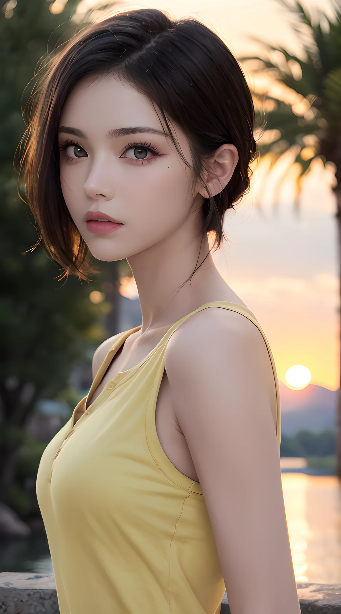 (RAW photo, high resolution, best quality, masterpiece:1.3), (realistic detailed, hyperrealistic, photorealistic: 1.2), shot by Canon EOS R6, Sharp focus, f/1.8, portrait, 1girl, very delicate and beautiful, beautiful detailed girl, very detailed eyes and face, triangular face, beautiful detailed eyes, (slender figure, thin waist), ((yellow pastel henley shirt)), natural makeup, shiny lips, swept side stylish short hair, perfect style, (outdoor, dramatic lighting, rim lighting, lake, sunset ambient), cg, ultra-realistic, highest quality, super detailed