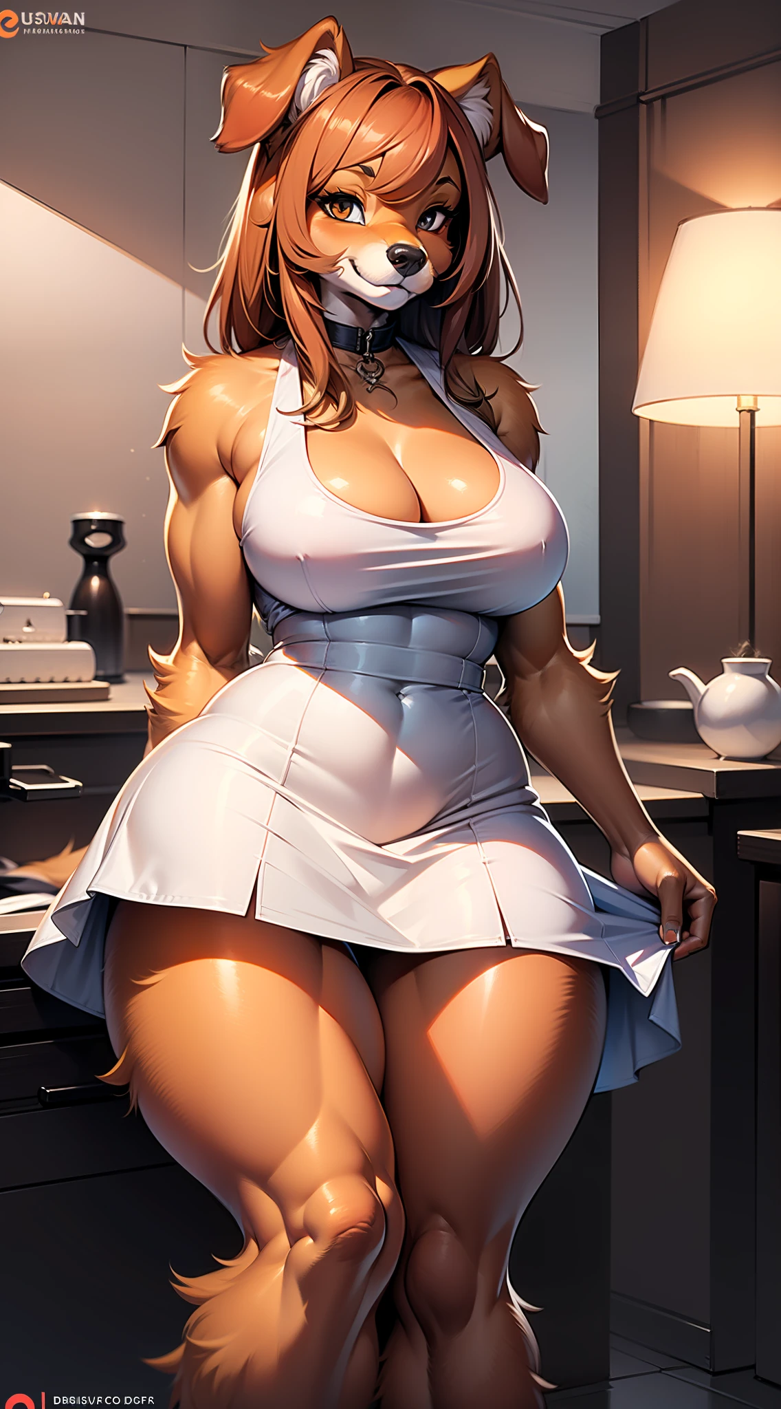 (anthro, fluffy fur, character focus:1.1), 1girl, anthro dog girl, body fur, solo, medium breasts, (thick thighs:0.3), curvy,(upskirt:1.2)