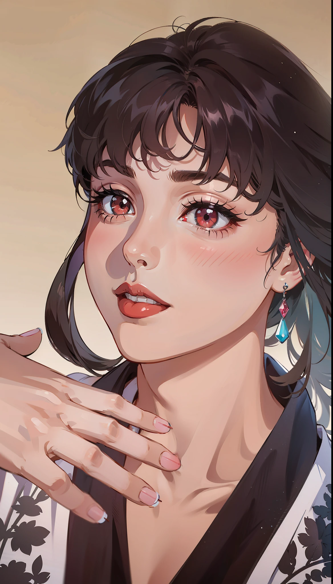 (masterpiece),(best quality:1.0), (ultra highres:1.0), detailed illustration, 8k, anime, 1girl, beautiful anime girl, wearing a black t-shirt, intricate details, red eyes, detailed eyes, black hair, detailed hair detailed, highlights on hair, slight smile, red lips, red lipstick, pretty lips, anime style, best quality, detailed