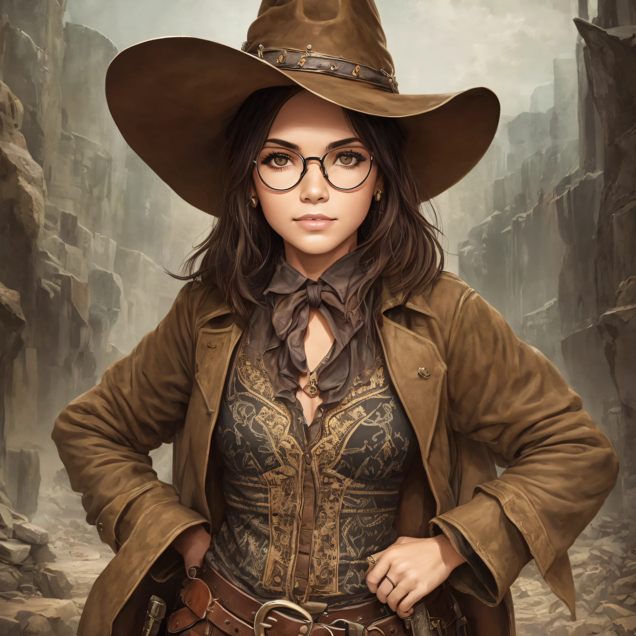 Araffe woman in a cowboy outfit and hat posing for a photo, vaqueira latina, vaqueira, Female cowgirl with short brown hair, wearing round glasses, Vaca-, menina, roupas ocidentais, cowboy style, Beautiful cowboy witch, Pistoleiro ocidental, 4 k oeste selvagem, Velho Oeste, vestido como um xerife ocidental, post - apocalyptic cowboy, An epic western, cowboy, pintura ocidental, arte ocidental, velho oeste