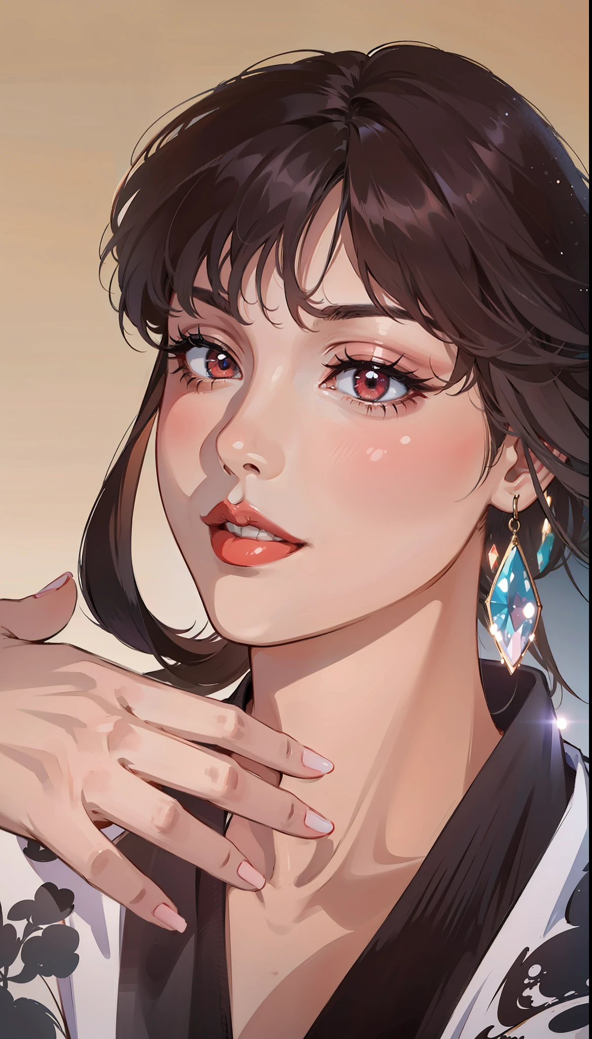 (masterpiece),(best quality:1.0), (ultra highres:1.0), detailed illustration, 8k, anime, 1girl, beautiful anime girl, wearing a black t-shirt, intricate details, red eyes, detailed eyes, black hair, detailed hair detailed, highlights on hair, slight smile, red lips, red lipstick, pretty lips, anime style, best quality, detailed