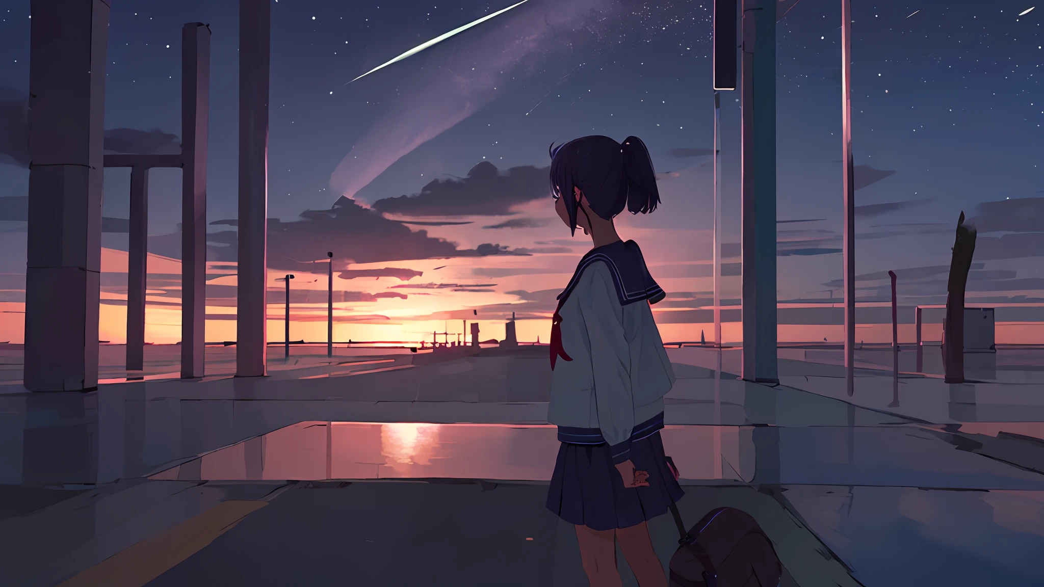 (((1girl, solo))), serafuku, scenery, cidade, duskspider, frame de anime, luz da lua