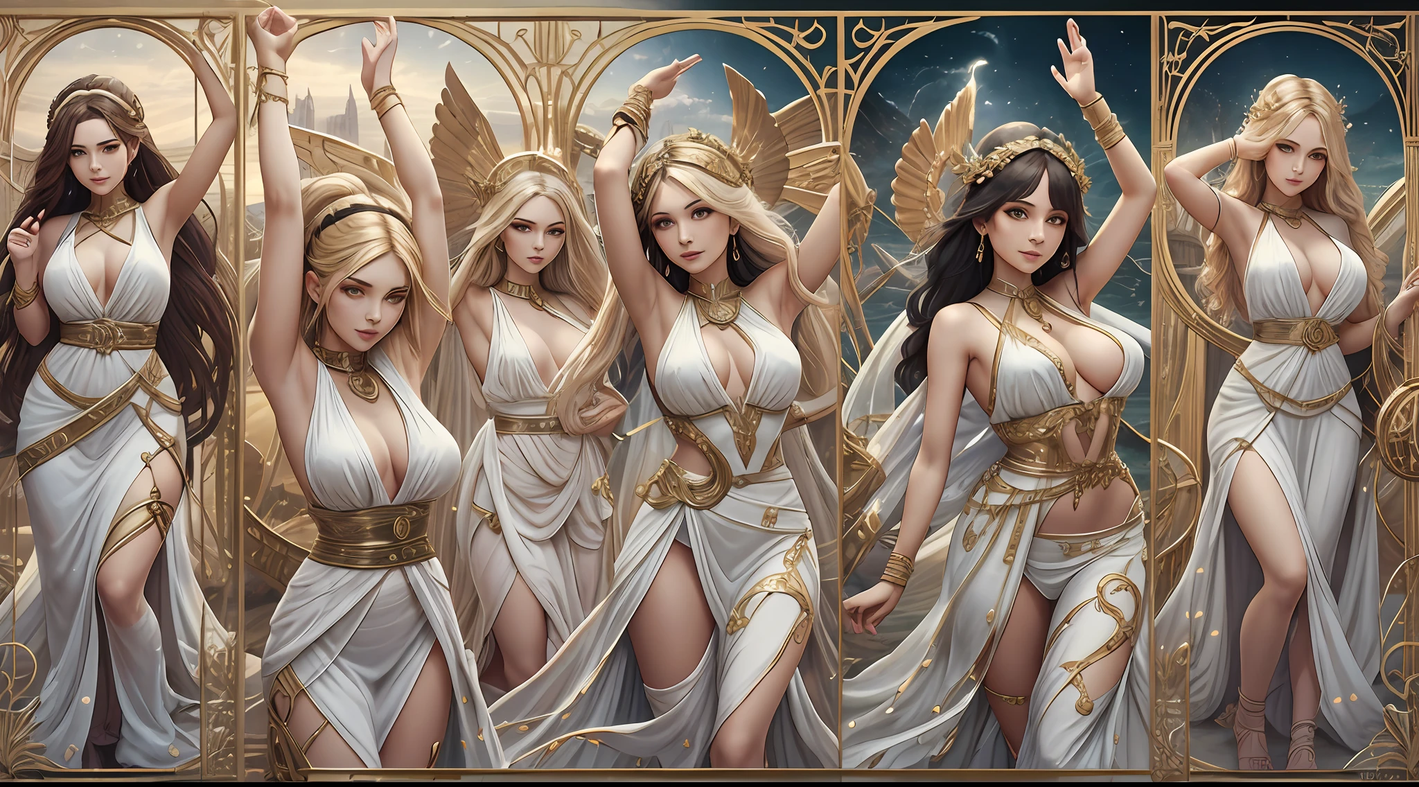 10girls, mature females, ethereal, goddess, large breasts, vivid color, white greek peplos, golden hair, bare shouders, perfect female figure, arms up, armpits, thighs, light smile, expressionless, trending on Art Station, masterpiece, 8k resolution, fantasy art,