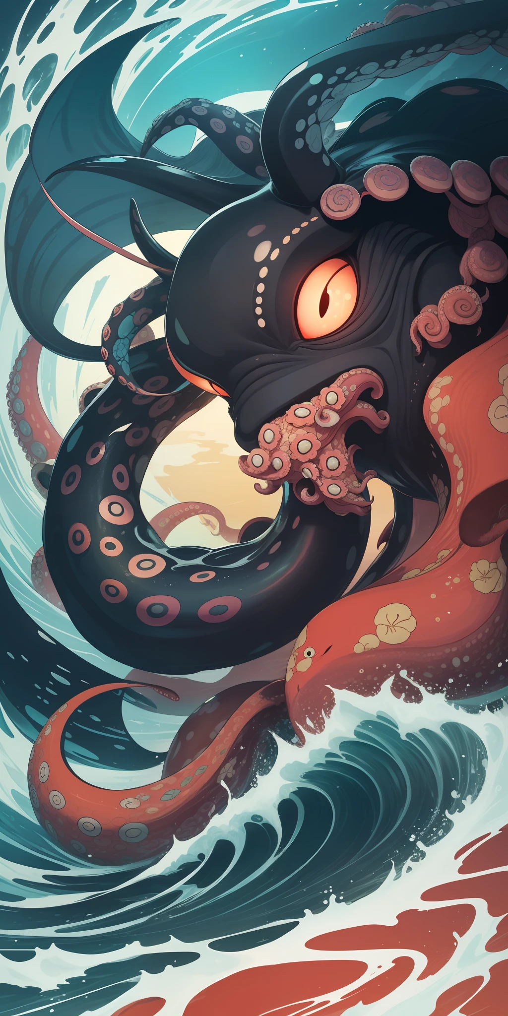 Close up Revstyle 3 Octopus, Estilo Katsushika Hokusai, cor neon