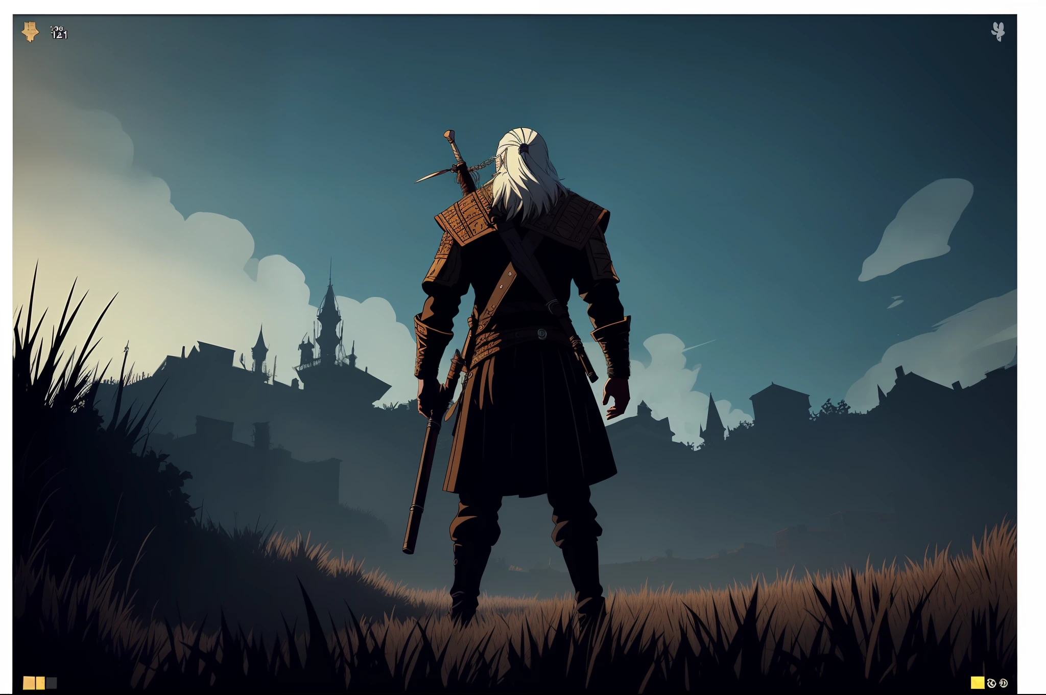 Witcher, (The style of the darkest dungeon: 1.1), hyperrealism, ethereal, cel shading, anime-coloring, (Anime screenshot: 1.2), (High Detail, masterpiece, Best Quality: 1.1),