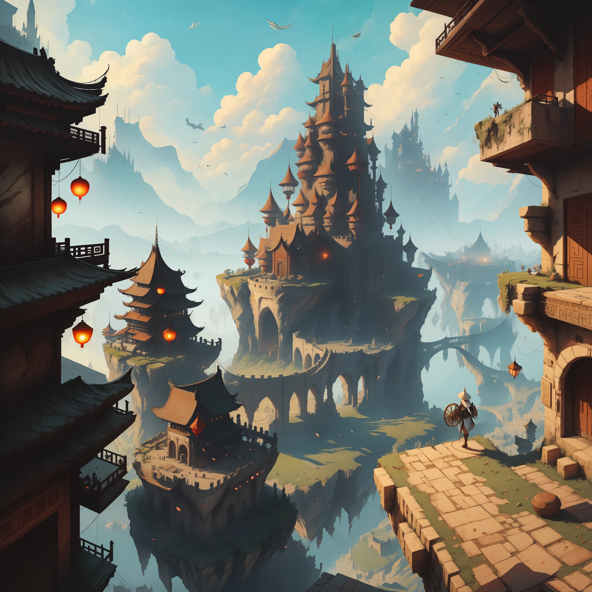 There is an image of an image of a city with a sky background, loading screen. 8K resolution, just visited during dreams, fantasy world concept, cyberpunk ancient chinese castle, in front of a fantasy city, from Bravely Default II, from NCSofil, charming and supernatural, travel announcement, set