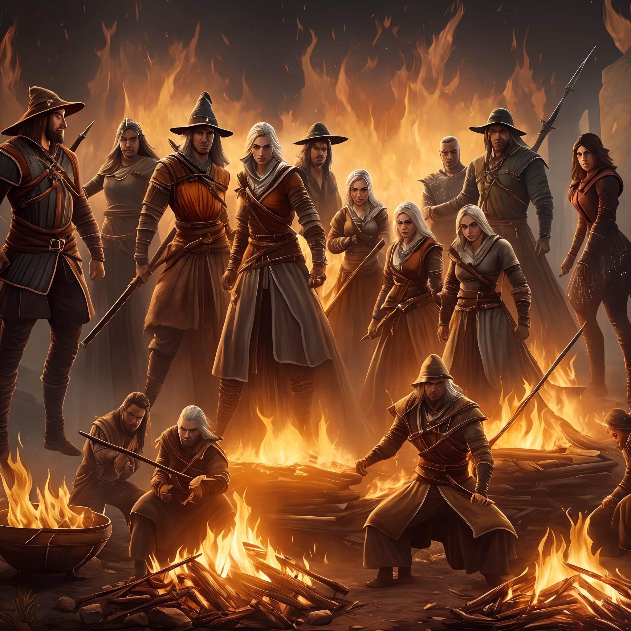 Description: An impactful scene in which the pyre burns a witch in a square. As chamas envolvem a bruxa como figura central e ela profere insultos aos guerreiros, Barons, Sorcerers and lords of the Council present in the square, deixando a todos horrorizados. 

dimensions: 1920 pixels de largura por 1080 pixels de altura (Full HD resolution). 

Formato de arquivo: JPEG. 

Paleta de cores: Cores quentes e intensas para simbolizar o ardor das chamas e o tormento da bruxa. She is the central figure, presa a uma estaca. Destaques de vermelho, Orange and yellow are essential to represent fire in all its intensity. 

Composition: A pira deve ser o ponto focal da imagem, just like the square, ocupando a maior parte do quadro. Os guerreiros, Barons, feiticeiros e senhores do conselho devem ser retratados ao redor da pira, surrounded by flames and facial expressions of shock and horror. 

Detalhes: Crisp, well-defined details, especialmente nas chamas, that should be portrayed with a lively and dancing aspect. The surrounding elements should also be clearly represented, highlighting the characteristics of each character. 

backlighting: Fire should be the main source of illumination, casting an intense and bright light on the characters present in the scene. A luz das chamas deve destacar os rostos dos guerreiros, Barons, feiticeiros e senhores do conselho, showing the expression of astonishment on their faces. The style of the scene should be the same as in The Witcher series. --auto