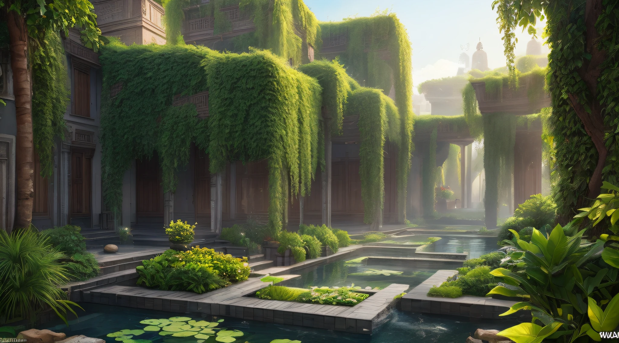 (8k, foto RAW, melhor qualidade, obra-antes), (realista, ultradetalhada), Hanging Gardens of Babylon