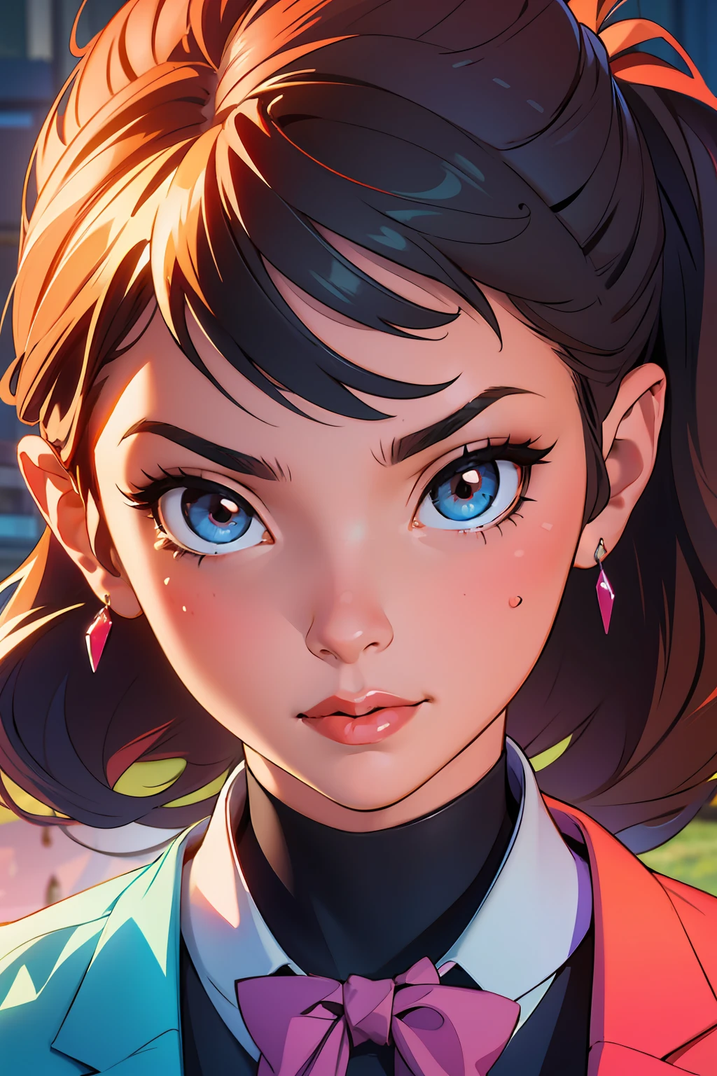 (extremamente detalhado CG unidade 8k papel de parede, obra-antes, melhor qualidade, Ultra-detalhado), (best lighting, melhor sombra, um extremamente delicado e bonito) mulher bonita, com cabelos longos Ultra detalhados ,scenary + cubismo , rosto emoldurado, oil digital painting concept art, illustration,, Arte por Makoto Shinkai Style, arte final Alphonse Mucha , Hdr, 4k Ultra detailed painting, the character is highlighted in the center of the image, with a serious and determined face. his eyes express a deep, piercing intensity. her hair, in vibrant hues, falls loosely and wildly around her face, adding a touch of mystery to her persona.