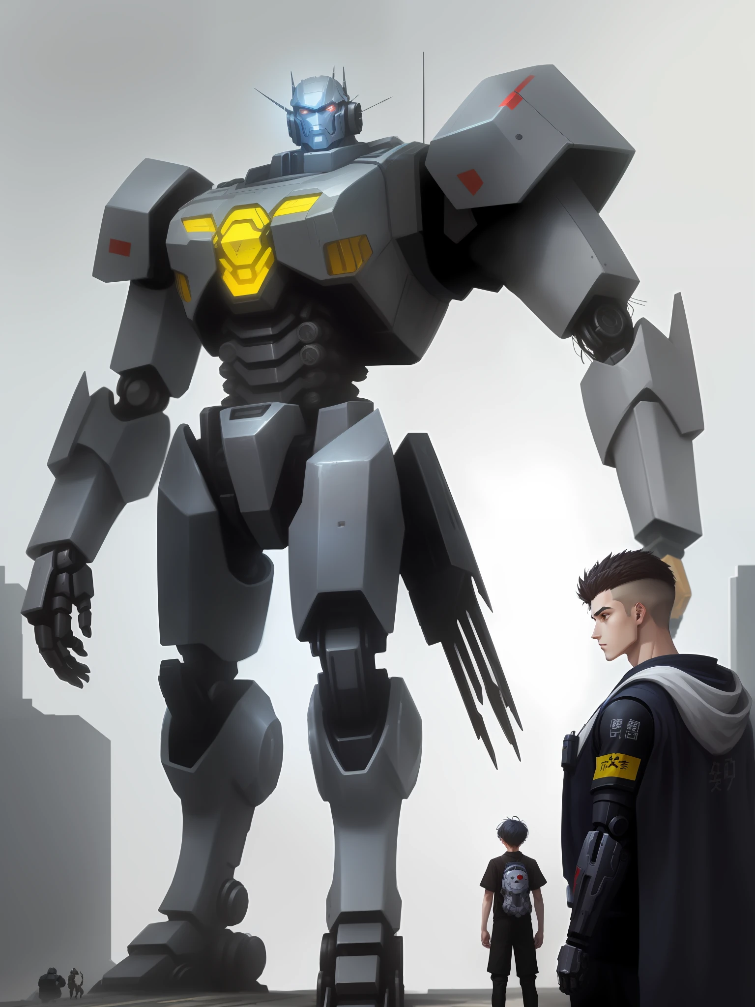 Arad man in short sleeves stands next to a giant robot, Boy in mecha cyber armor, Cyberpunk anime mecha, Male mech, cgsociety and fenghua zhong, anime mecha aesthetic, mechanization, Handsome white boy cyborg, cyberpunk 2 0 y. o , mecha asthetic, Robot boy