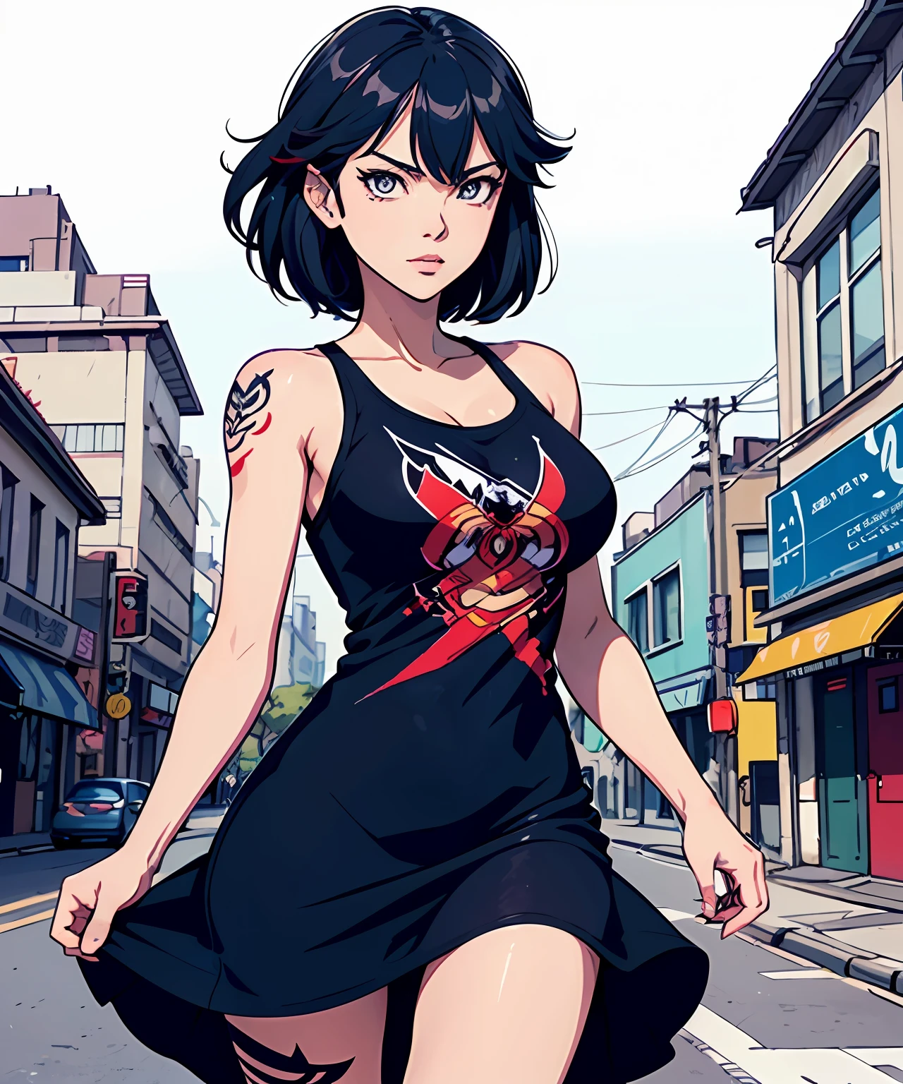 ::  comix style ryuko hikari ::2.9   style ::2.0 comix illustration style ,digital illustration of beautiful female character in toh-yasu drawing style illustrator, anime style, body with futuristic tribal tattoo style designs in dragon shape, serious face and ultra detailed artwork, graffiti style destroyed city scenery with camera focus, (beautiful and clear background:1.2),,((sofía vergara  beautiful woman )), ( detailed eyes and detailed face:1.3), (t-shirt or dress:1.3), (beautiful and clear background:1.2), (extremely detailed, ultra-detailed, best shadow:1.1),???? shoulders, flowers and petals,  , (white background:0.5), (illustration :1.1), (extremely fine and beautiful girl:1.1), (perfect details:1.1)