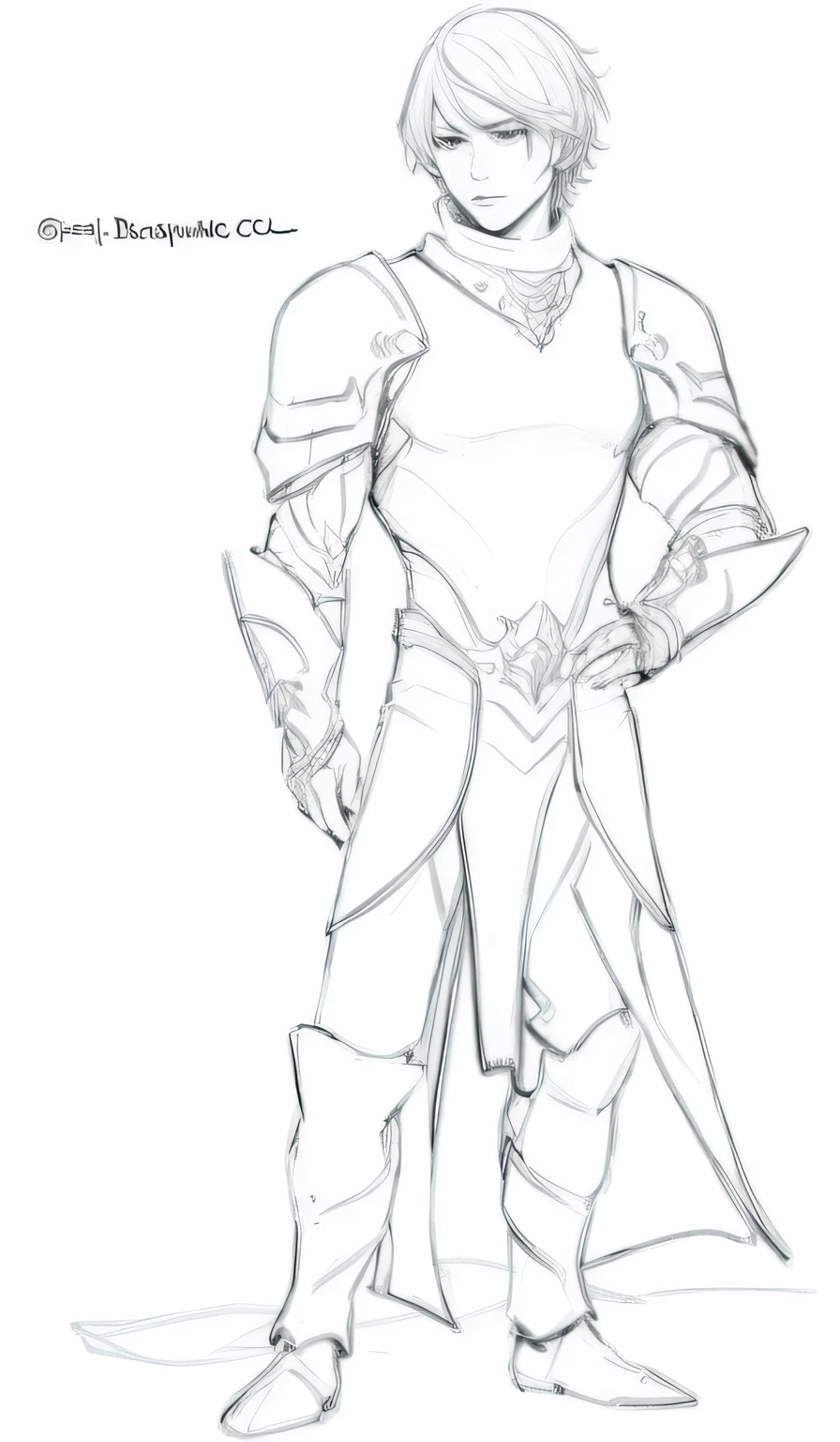 um desenho de um homem de casaco branco e espada, um paladino masculino humano, heroic fantasy character concept, conceito de corpo inteiro, conceito detalhado de corpo inteiro, Arte conceitual de um guerreiro, Paladino masculino, novo conceito de figurino, personagem de fantasia complexa, alguma armadura curva, Armadura Conceitual, conceito de personagem de fantasia, bola lineart, draconic looking armor, Personagem conceitual