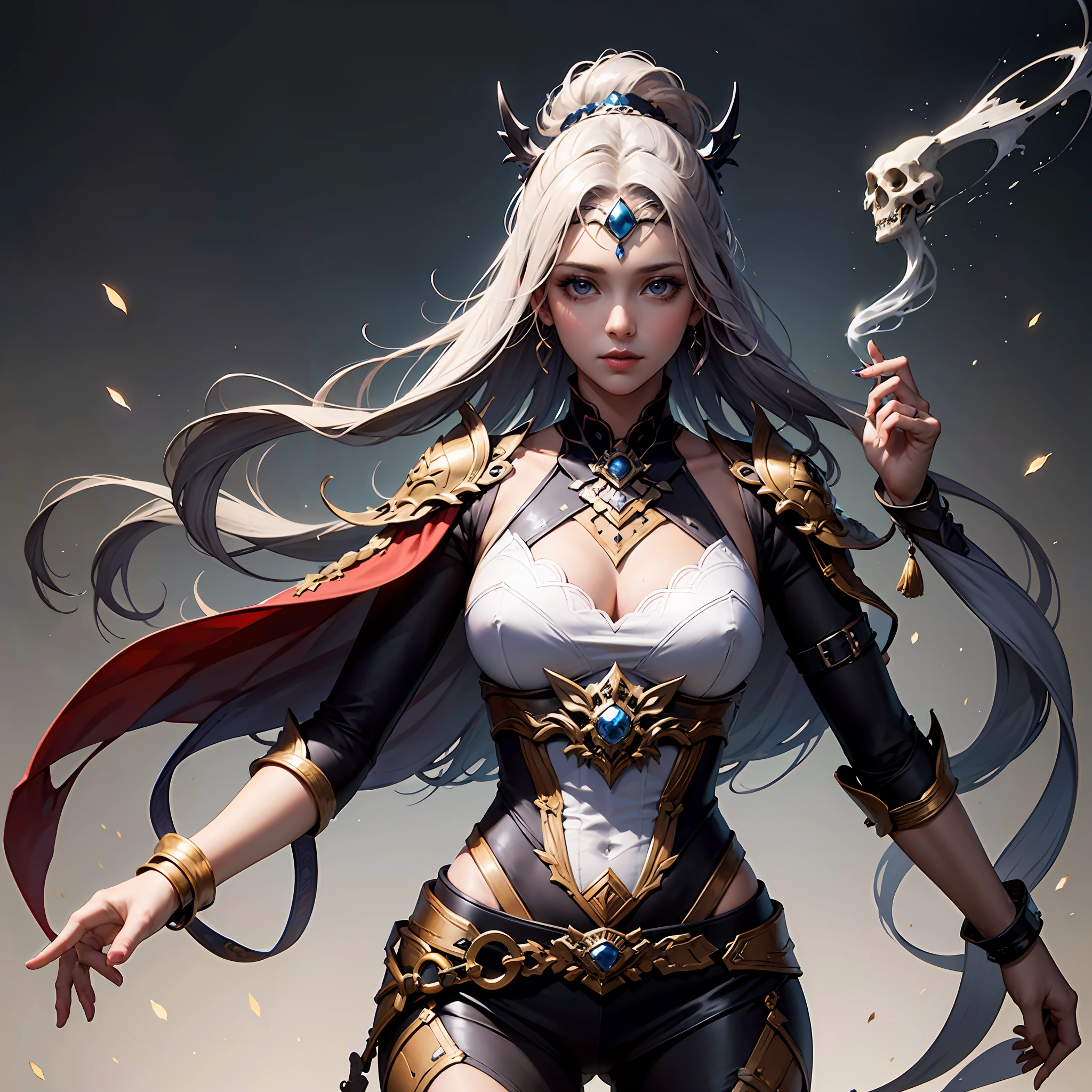 best quality, masterpiece, a dark-skinned warrior woman wearing skull armor, (smoking debris background), (shimmering armor) --auto