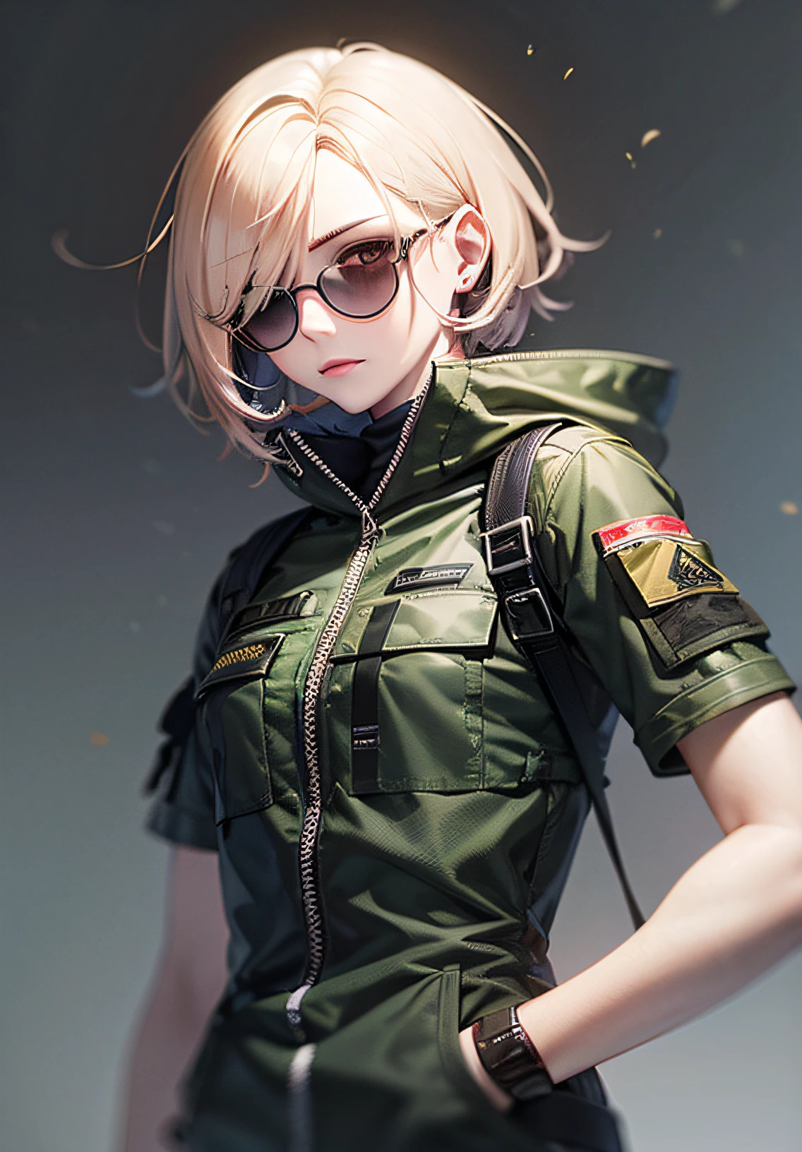 "mujer, White tactical clothing, gafas redondas, pelo corto, cara afilada, black sclera, iris amarillo, Pale blond, cuerpo completo, base militar de fondo."