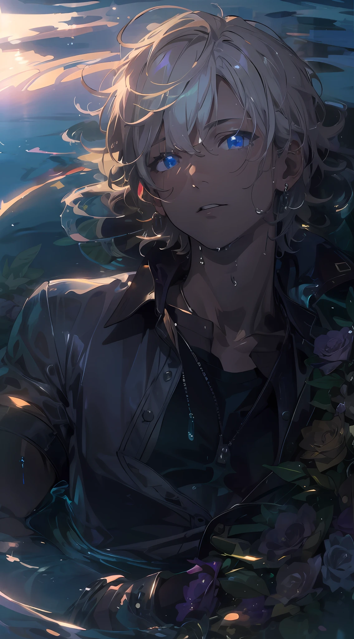 1boy, male, man, boy, teenager, young man, physically based rendering, professional lighting, extreme detail, white shirt, bouquet, cross earrings, lying on water, high brightness, refreshing, soft light, ((single))), (solo), lying down, wet, transparent shirt