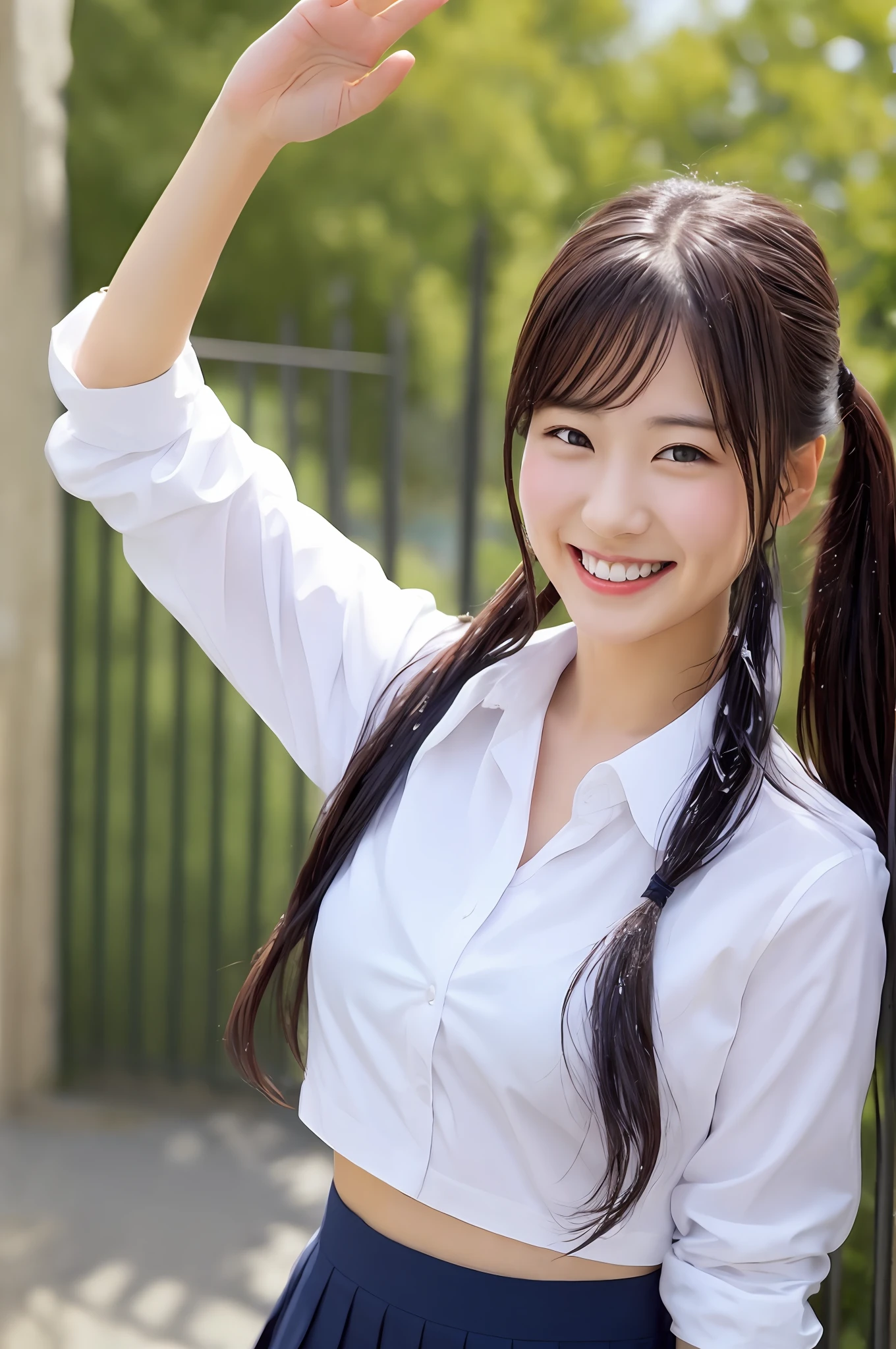 White underwear、brassiere、big Chest、Large Tits、ponytails、, uniform,、White shirt、hposing Gravure Idol、School、wet、smileing