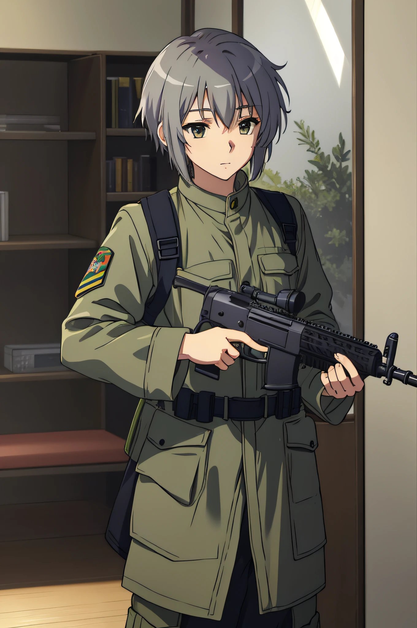 (masterpiece, best quality),  intricate details
yuki nagato, olive green army uniform, holding rifle