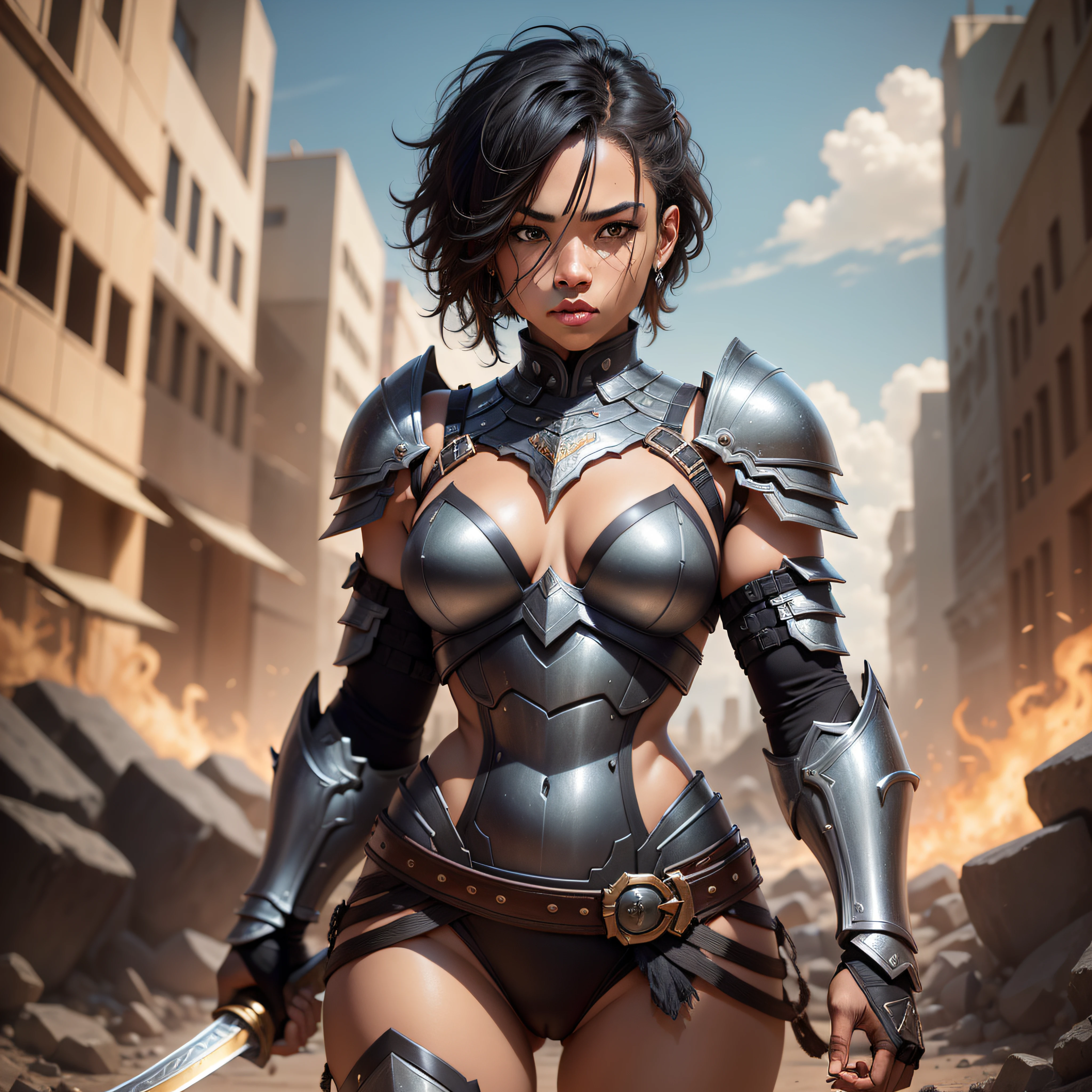 best quality, masterpiece, dark skin, warrior woman wearing skull armor, (smoldering city debris background), (shimmering armor) --auto